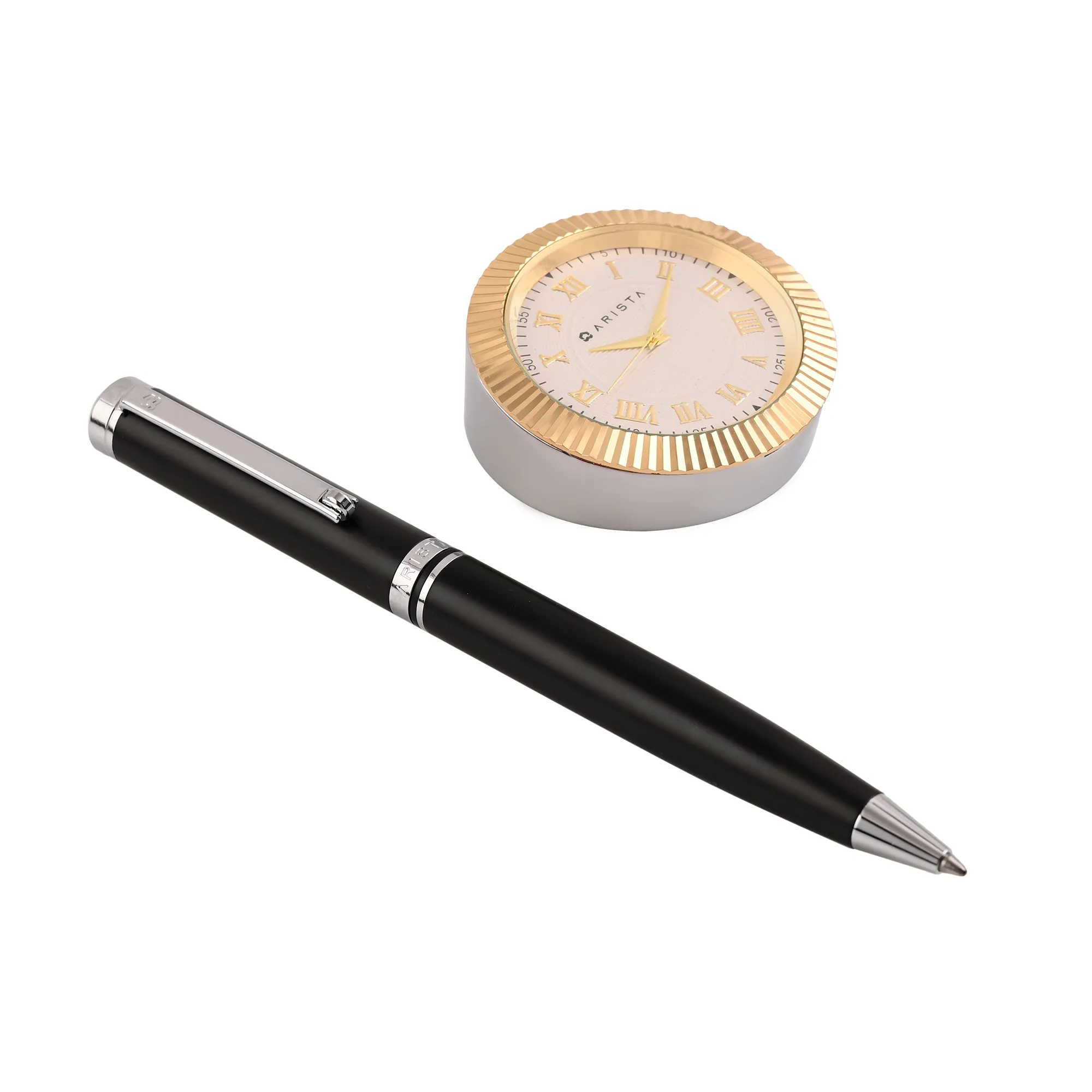 ARISTA Switch Ballpoint Pen | Black Barrel | Chrome Trim | With Gold Table Clock