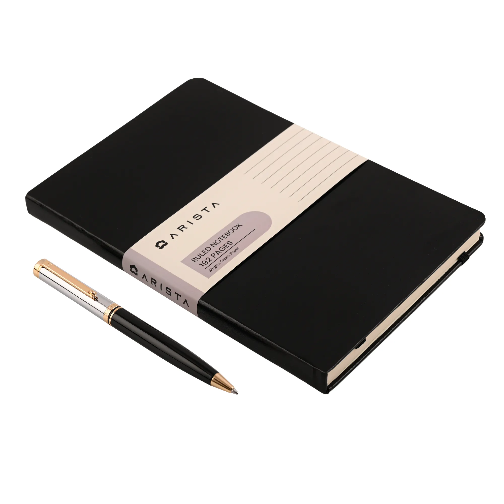 ARISTA Switch Ballpoint Pen | Black Barrel | Chrome Cap | 24 CT Gold Plated Trim | A5 Ruled note book 192 pages