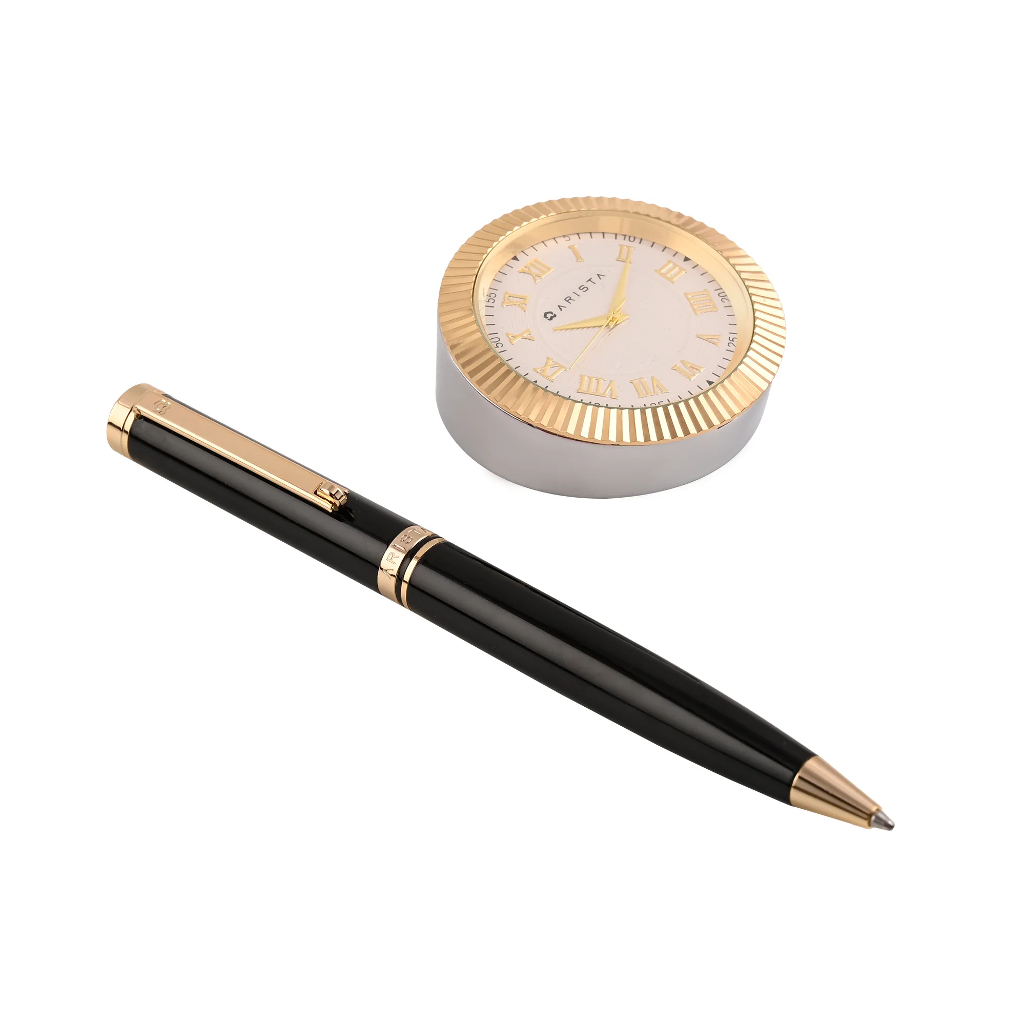ARISTA Switch Ballpoint Pen Black Barrel | 24 CT Gold Plated Trim | With Gold Table Clock