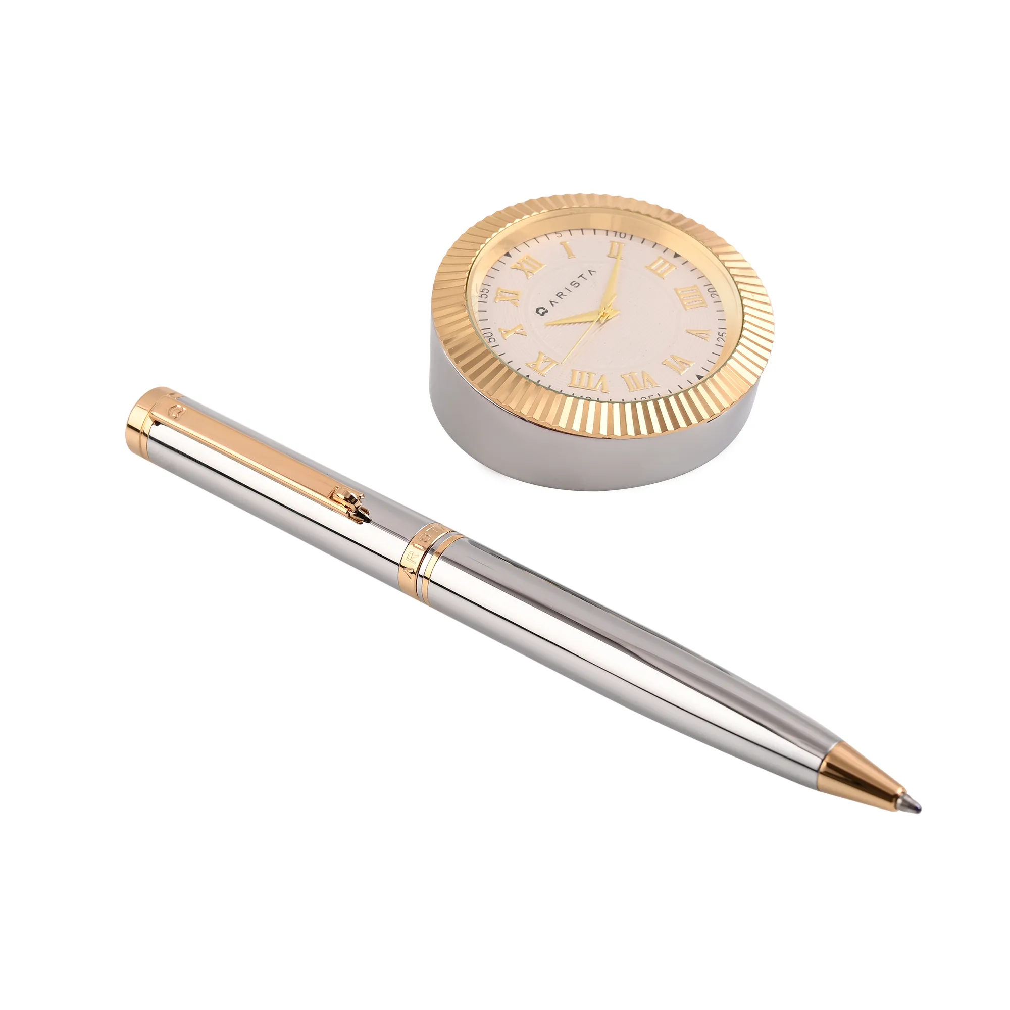 ARISTA Switch Ballpoint Pen | Chrome | 24 CT Gold Plated Trim | With Gold Table Clock