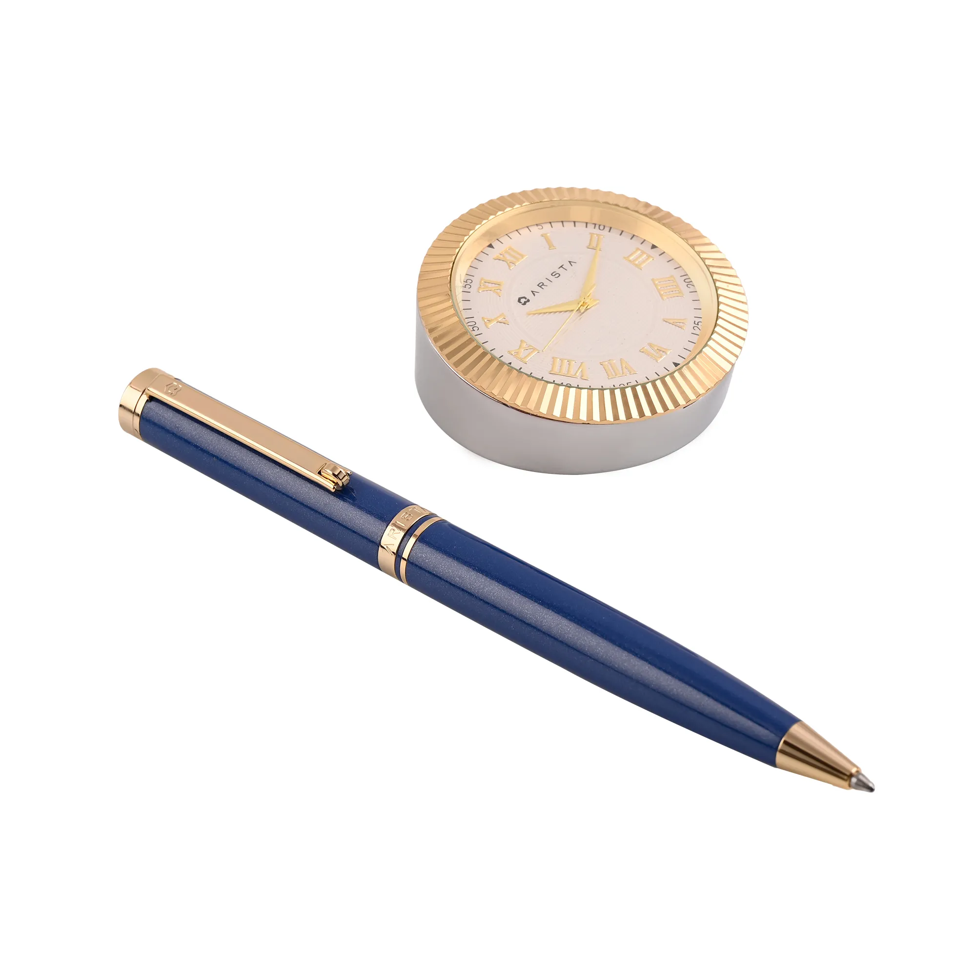 ARISTA Switch Ballpoint Pen |Sapphire Blue | 24 CT Gold Plated Trim | With Gold Table Clock