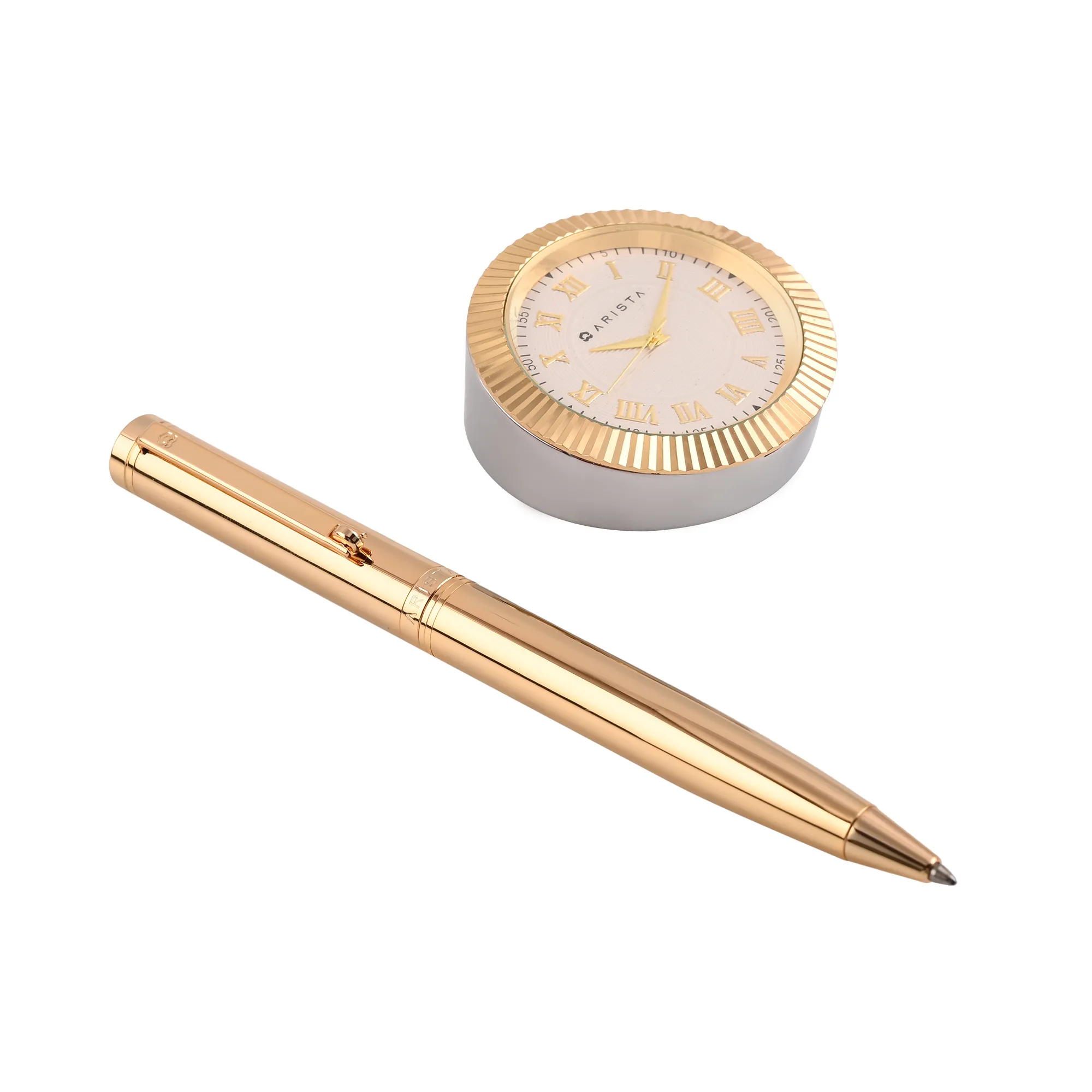 ARISTA Switch Ballpoint Pen | Full Gold | With Gold Table Clock