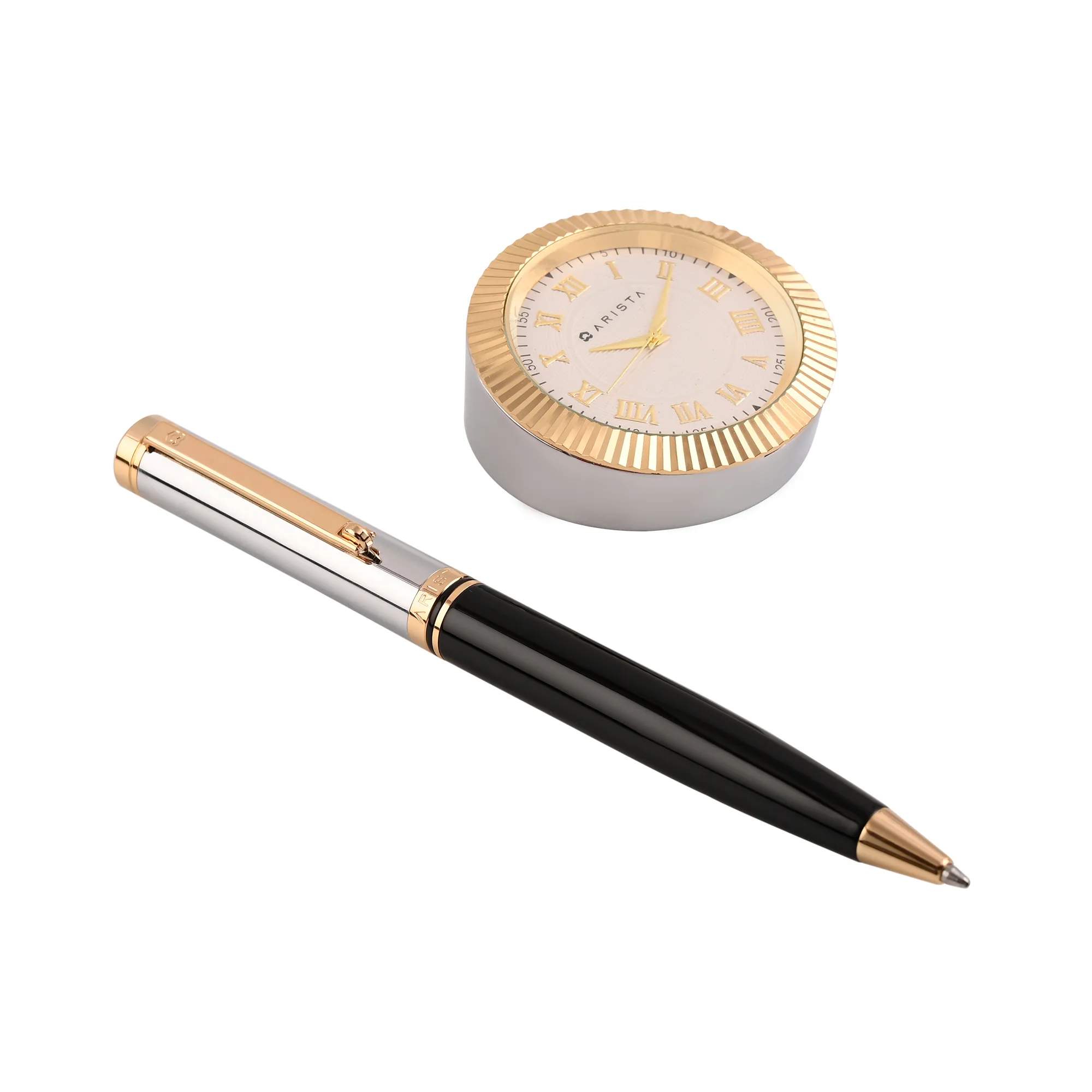 ARISTA Ballpoint Pen | Black Barrel | Chrome Cap | 24 CT Gold Plated Trim | With Gold Table Clock