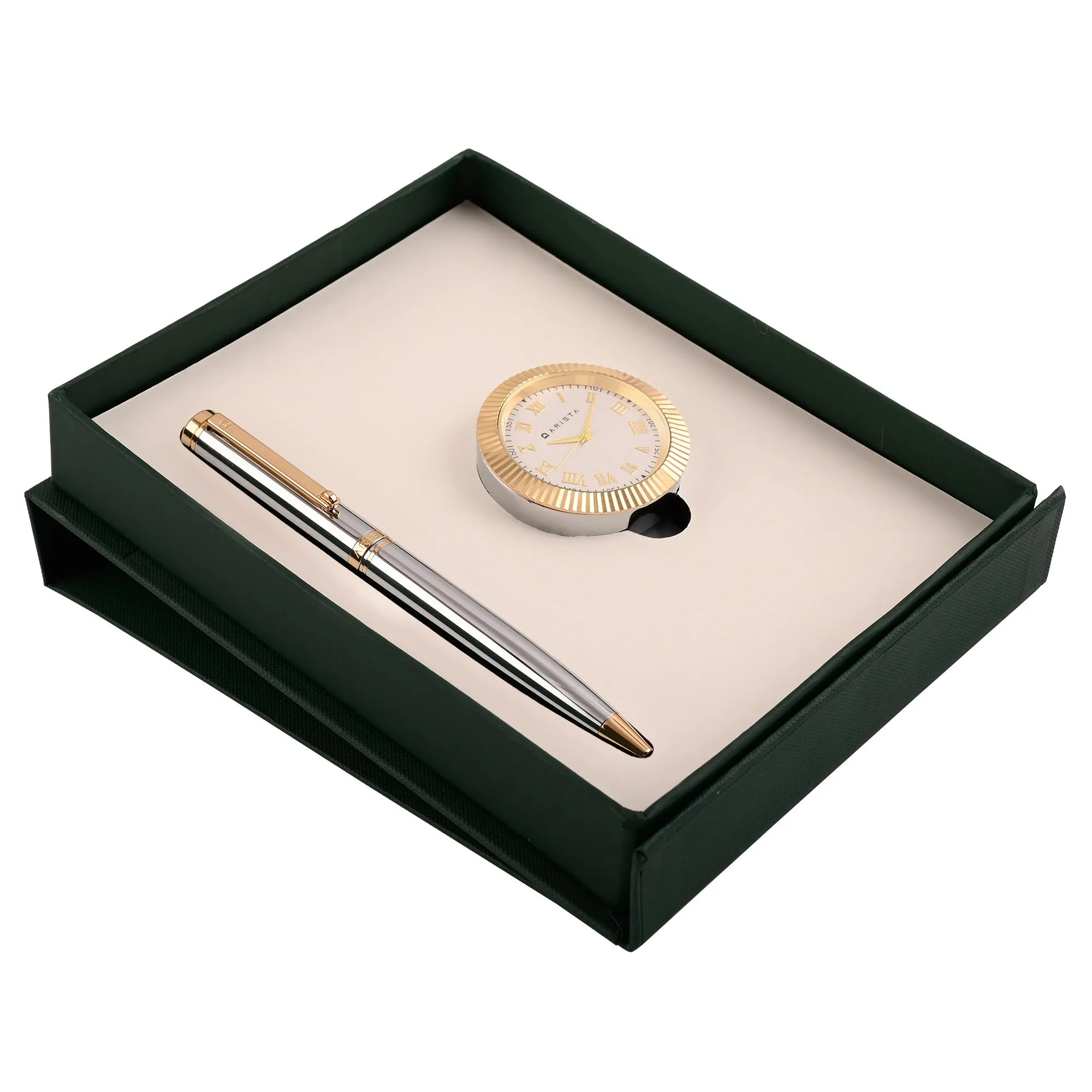 ARISTA Switch Ballpoint Pen | Chrome | 24 CT Gold Plated Trim | With Gold Table Clock