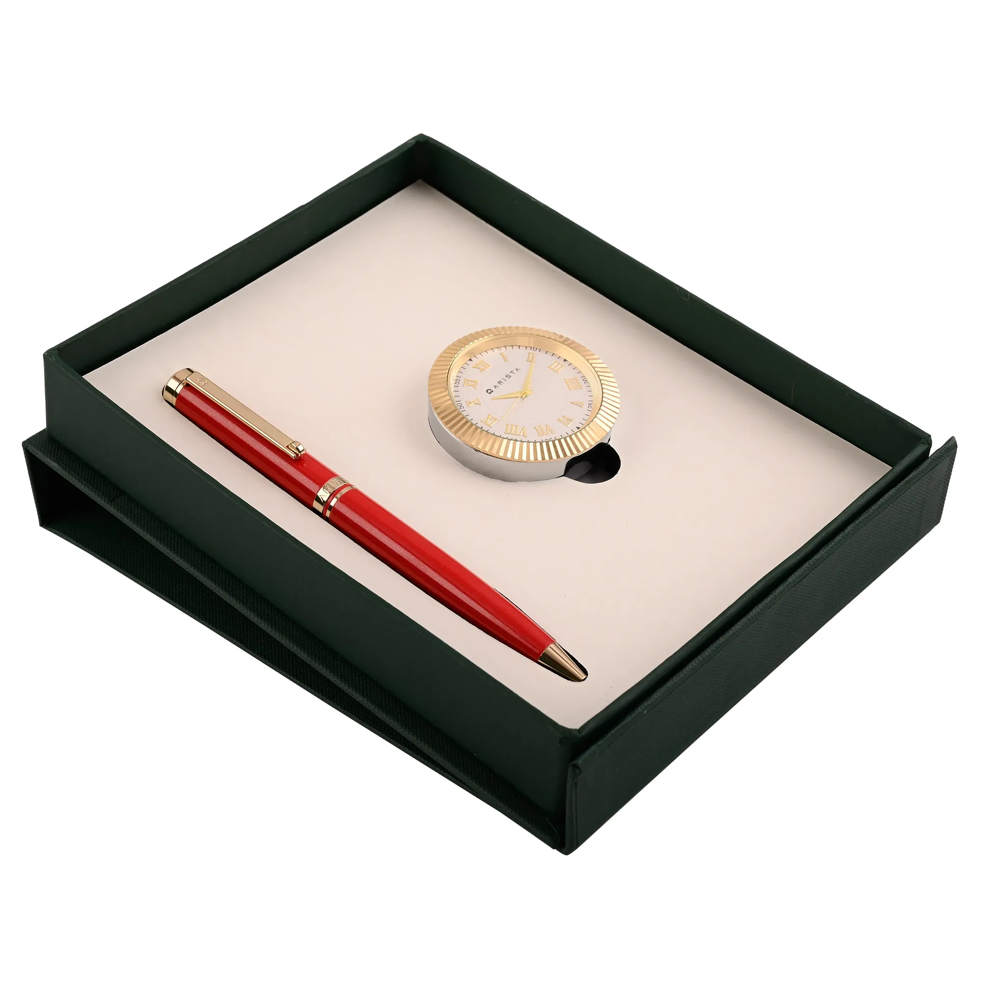 ARISTA  Ballpoint Pen |Pearl Red | 24 CT Gold Plated Trim | With Gold Table Clock