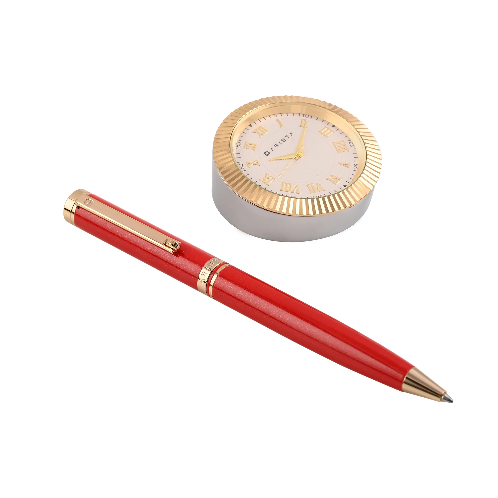 ARISTA  Ballpoint Pen |Pearl Red | 24 CT Gold Plated Trim | With Gold Table Clock