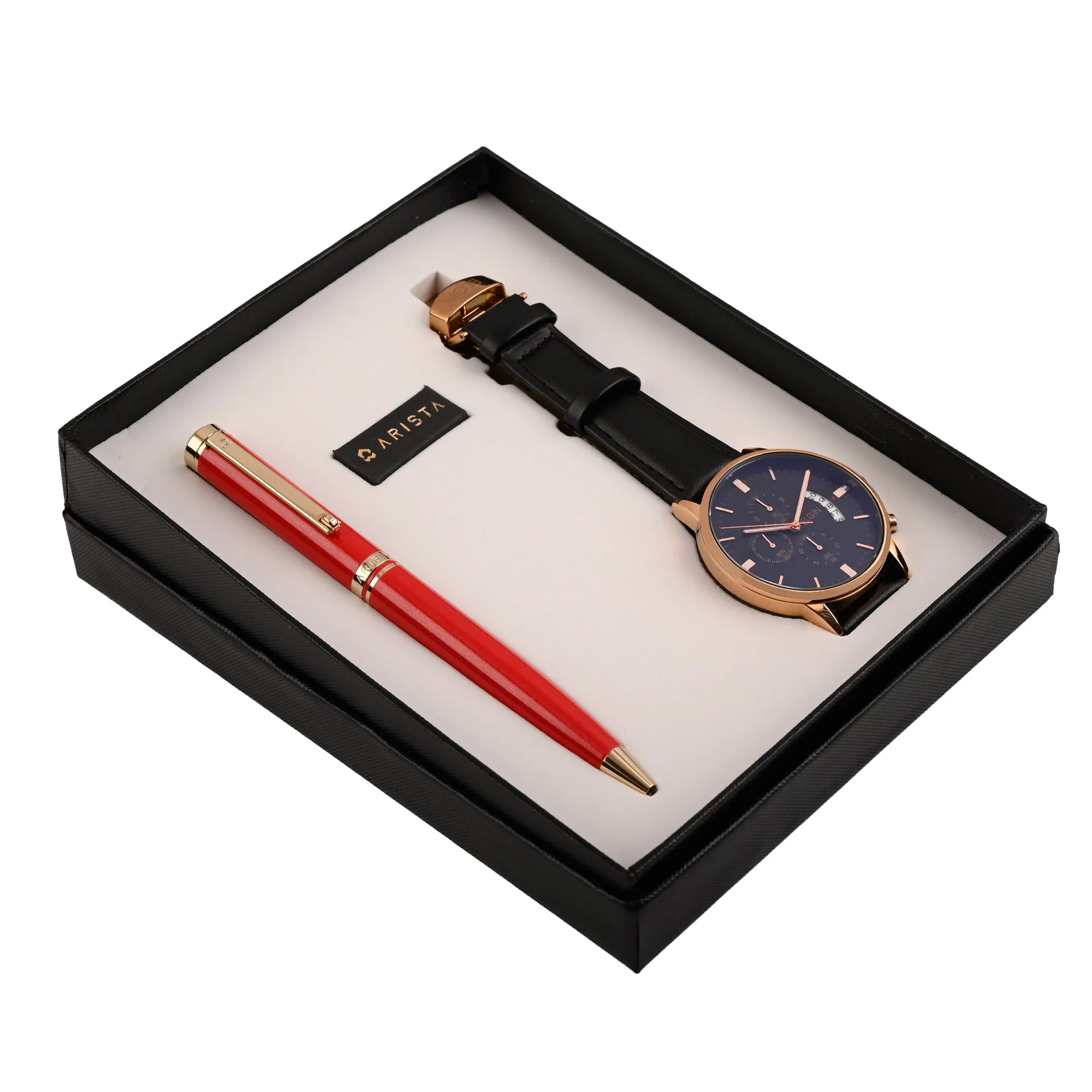 ARISTA  Ballpoint Pen |Pearl Red | 24 CT Gold Plated Trim | With Elgin Watch