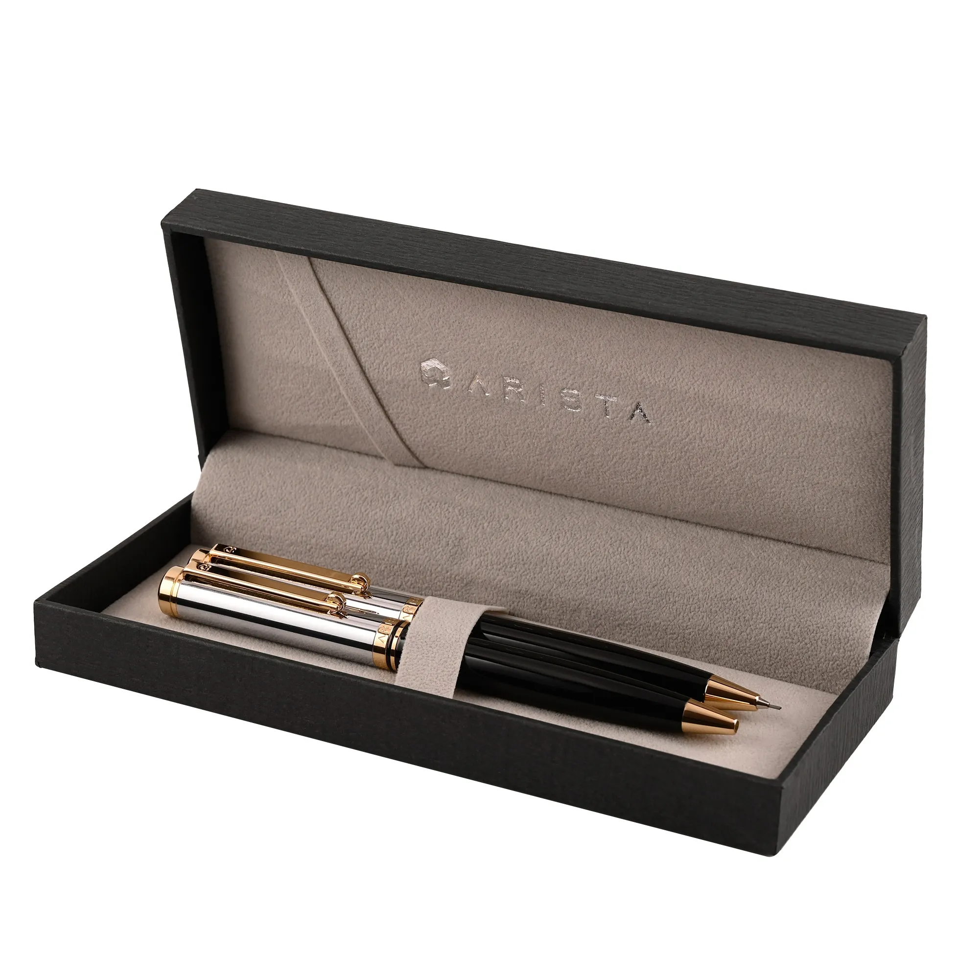 Arista Dual-Function Switch Ballpoint Pen | Black Barrel | Chrome Cap | 24 CT Gold Plated Trim | With 0.7 MM Mechanical Pencil