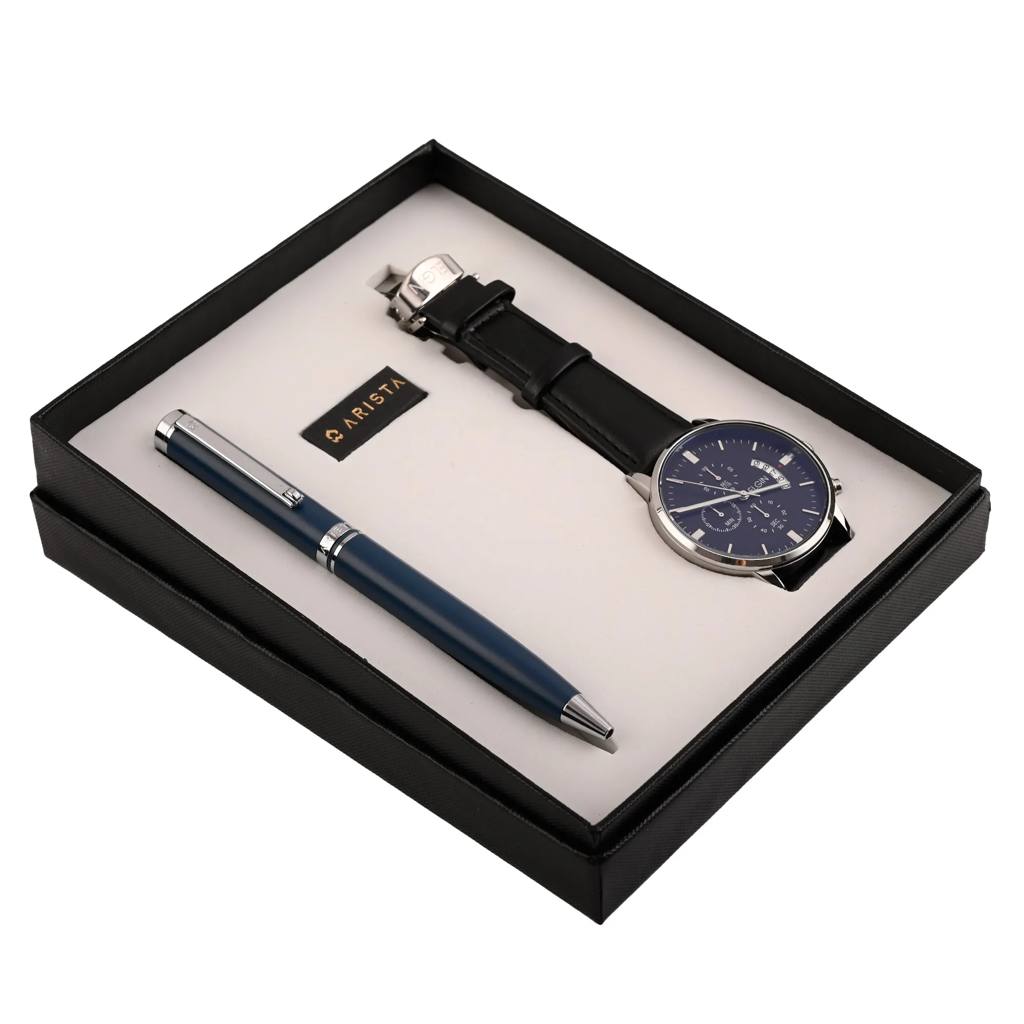 Arista Matt Blue Ballpoint Pen | Blue Barrel | Chrome Trim | With Elgin Watch