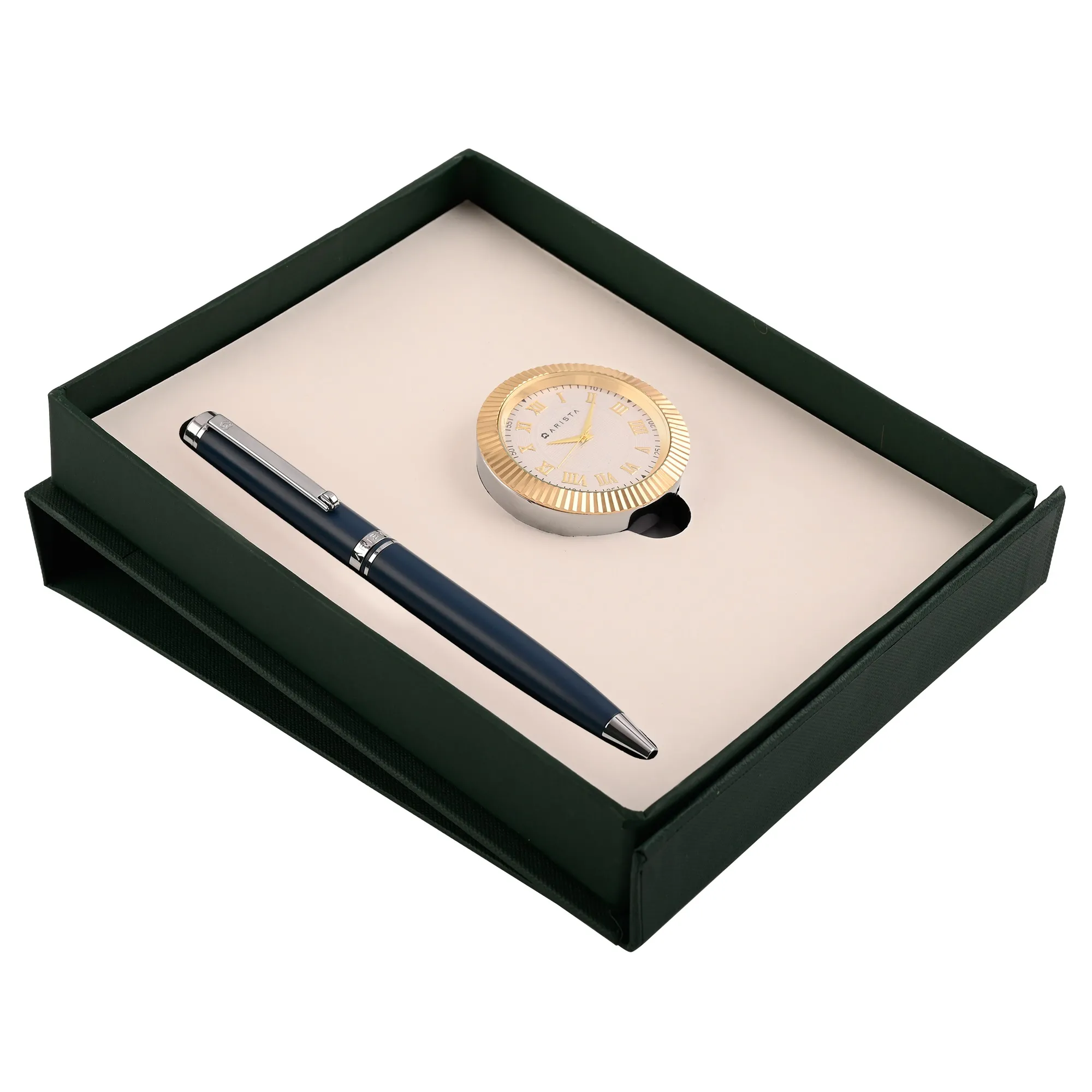 Arista Matt Blue Ballpoint Pen | Blue Barrel | Chrome Trim | With Gold Table Clock