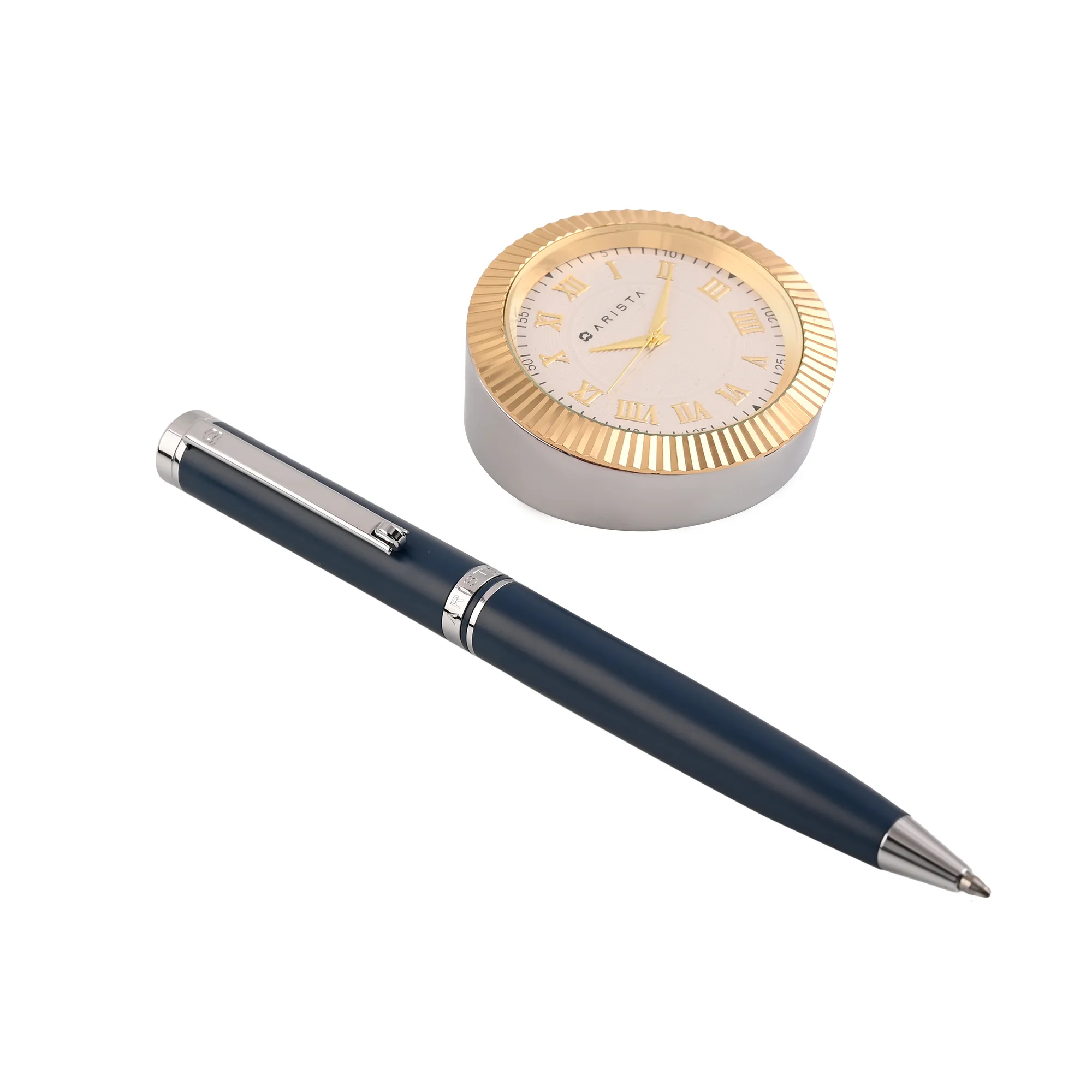 Arista Matt Blue Ballpoint Pen | Blue Barrel | Chrome Trim | With Gold Table Clock