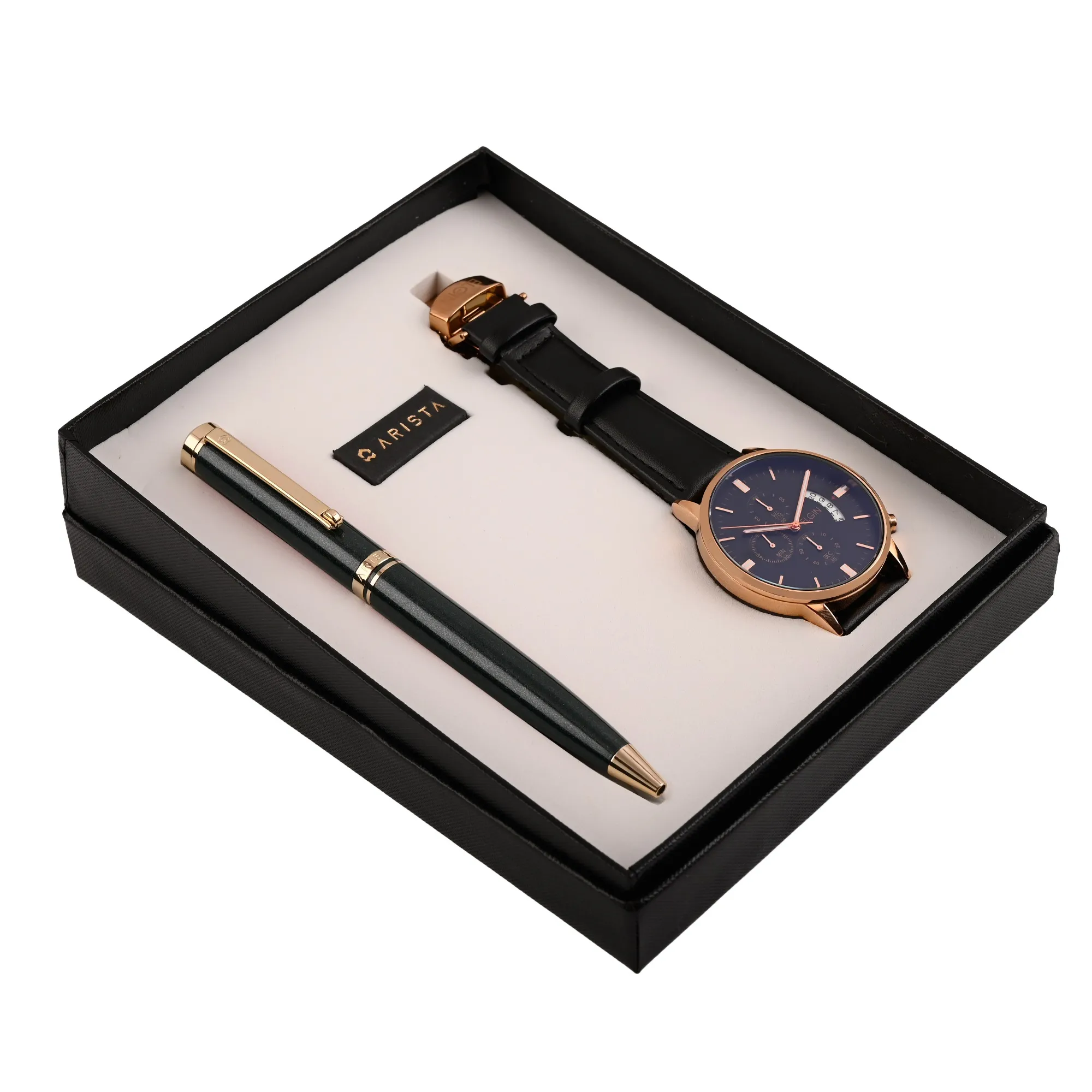 ARISTA Ballpoint Pen | Pearl Green Barrel | 24 CT Gold Plated Trim | With Elgin Watch