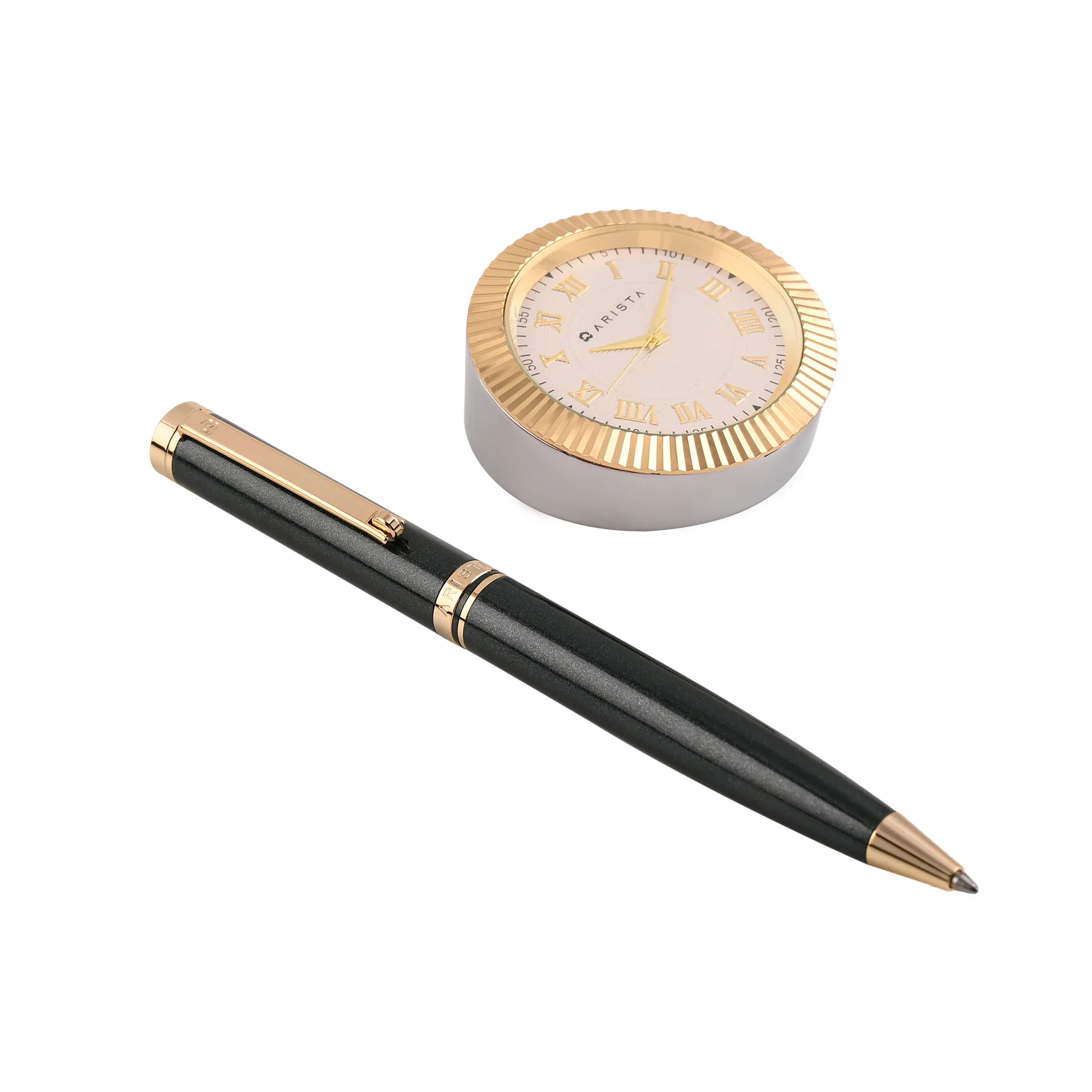 ARISTA Ballpoint Pen | Pearl Green Barrel | 24 CT Gold Plated Trim | With Gold Table Clock