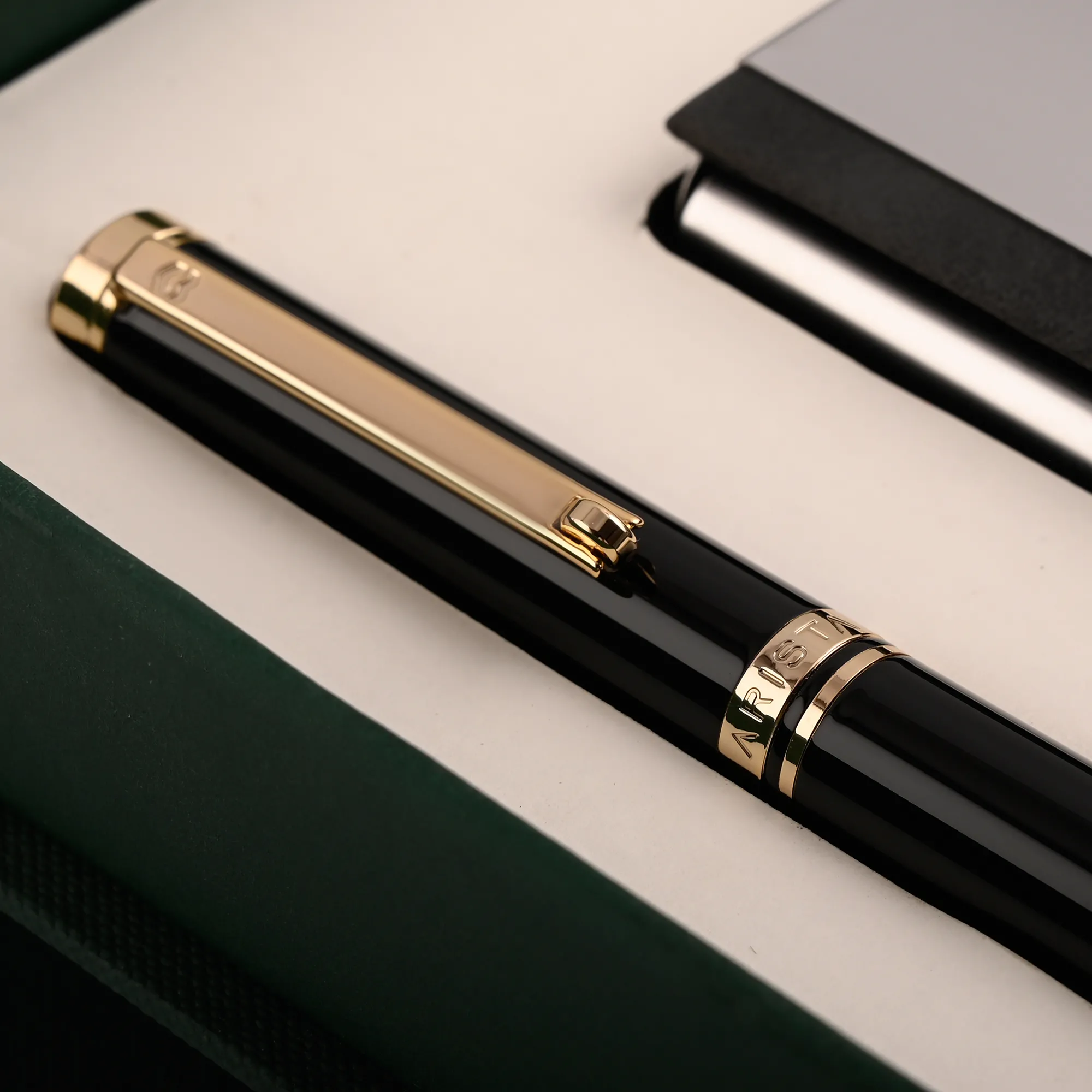 ARISTA Ballpoint Pen | black Barrel | 24 CT Gold Plated Trim | Cap Fitting | With Card holder