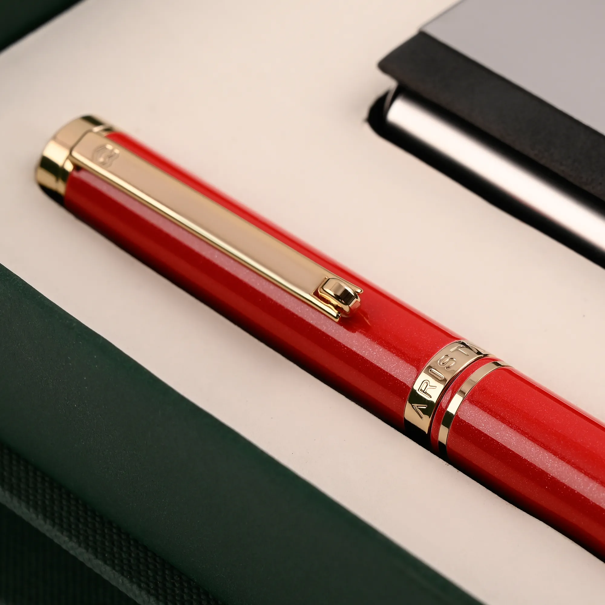 ARISTA  Ballpoint Pen |Pearl Red | 24 CT Gold Plated Trim | With Card Holder