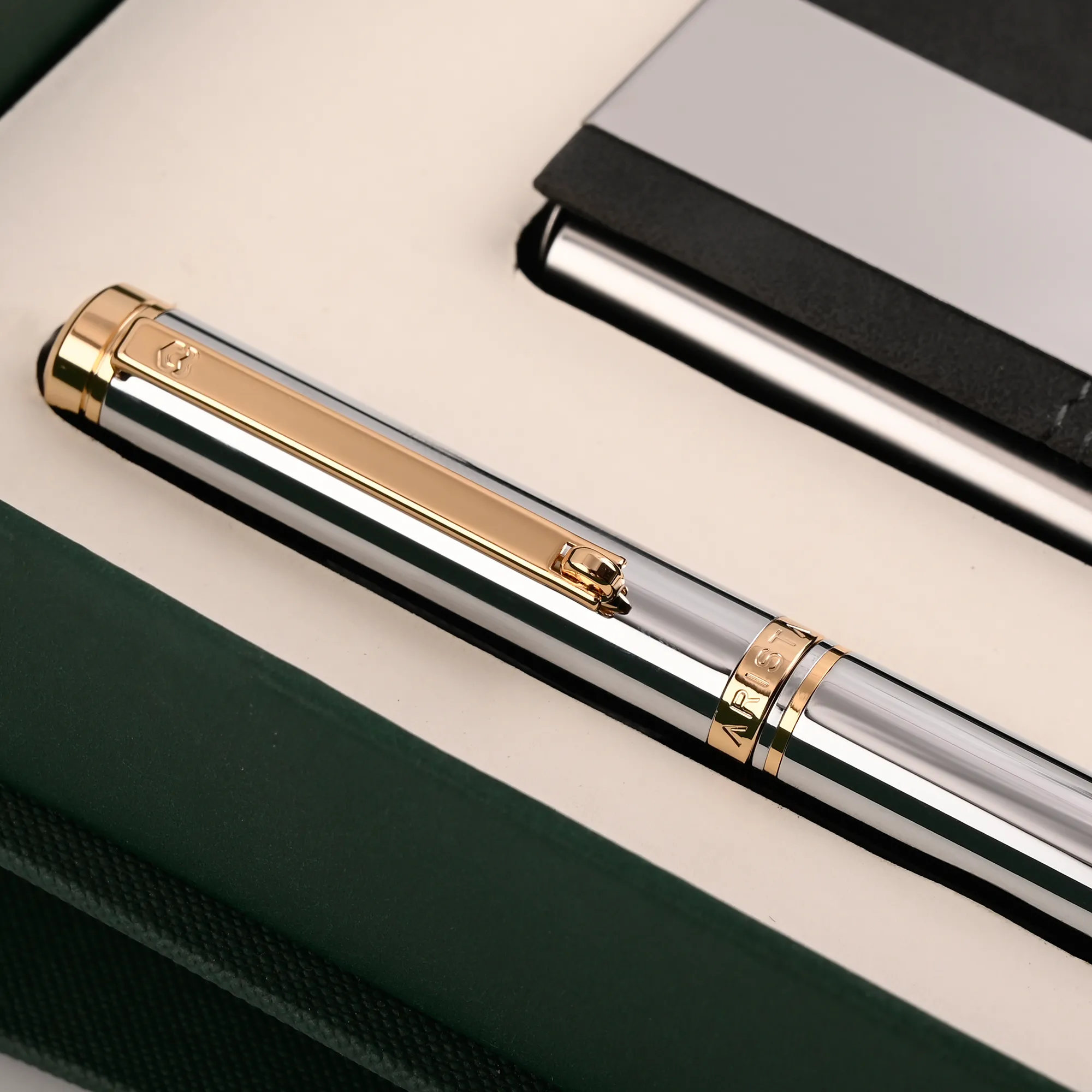 ARISTA Switch Ballpoint Pen | Chrome | 24 CT Gold Plated Trim | With Gold Card Holder