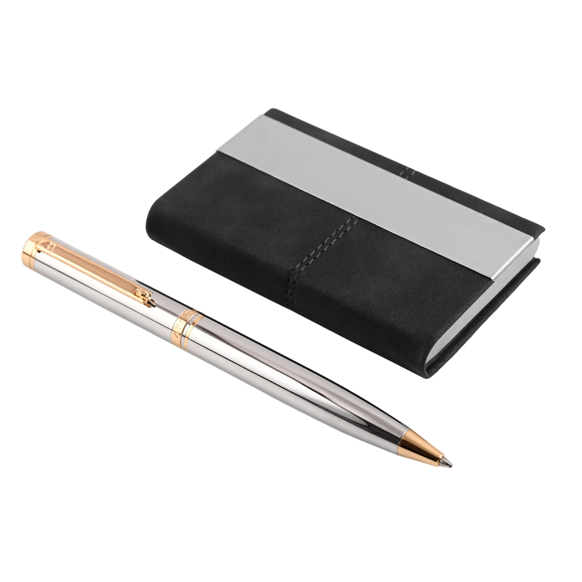 ARISTA Switch Ballpoint Pen | Chrome | 24 CT Gold Plated Trim | With Gold Card Holder