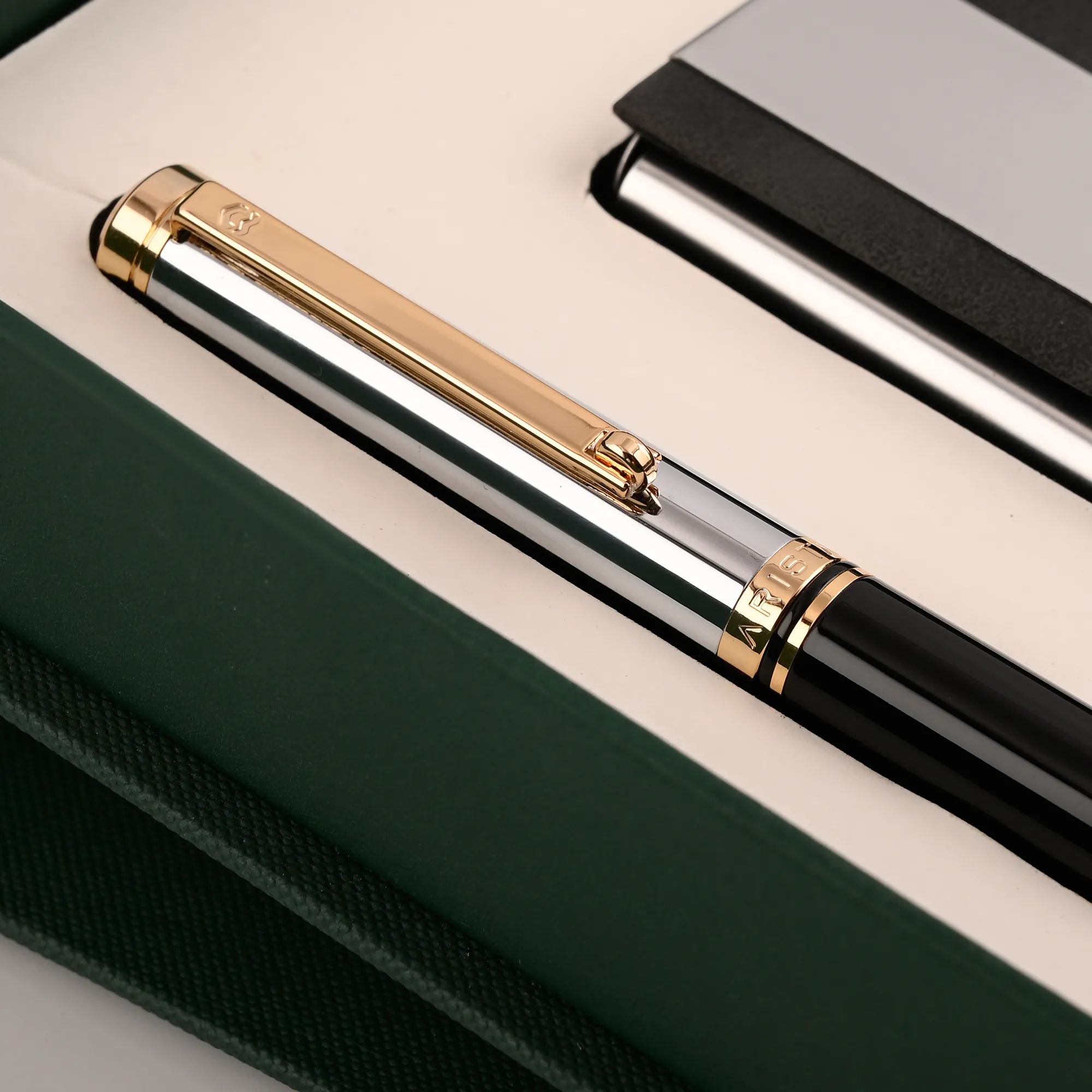 ARISTA Switch Ballpoint Pen | Black Barrel | Chrome Cap | 24 CT Gold Plated Trim With Card Holder