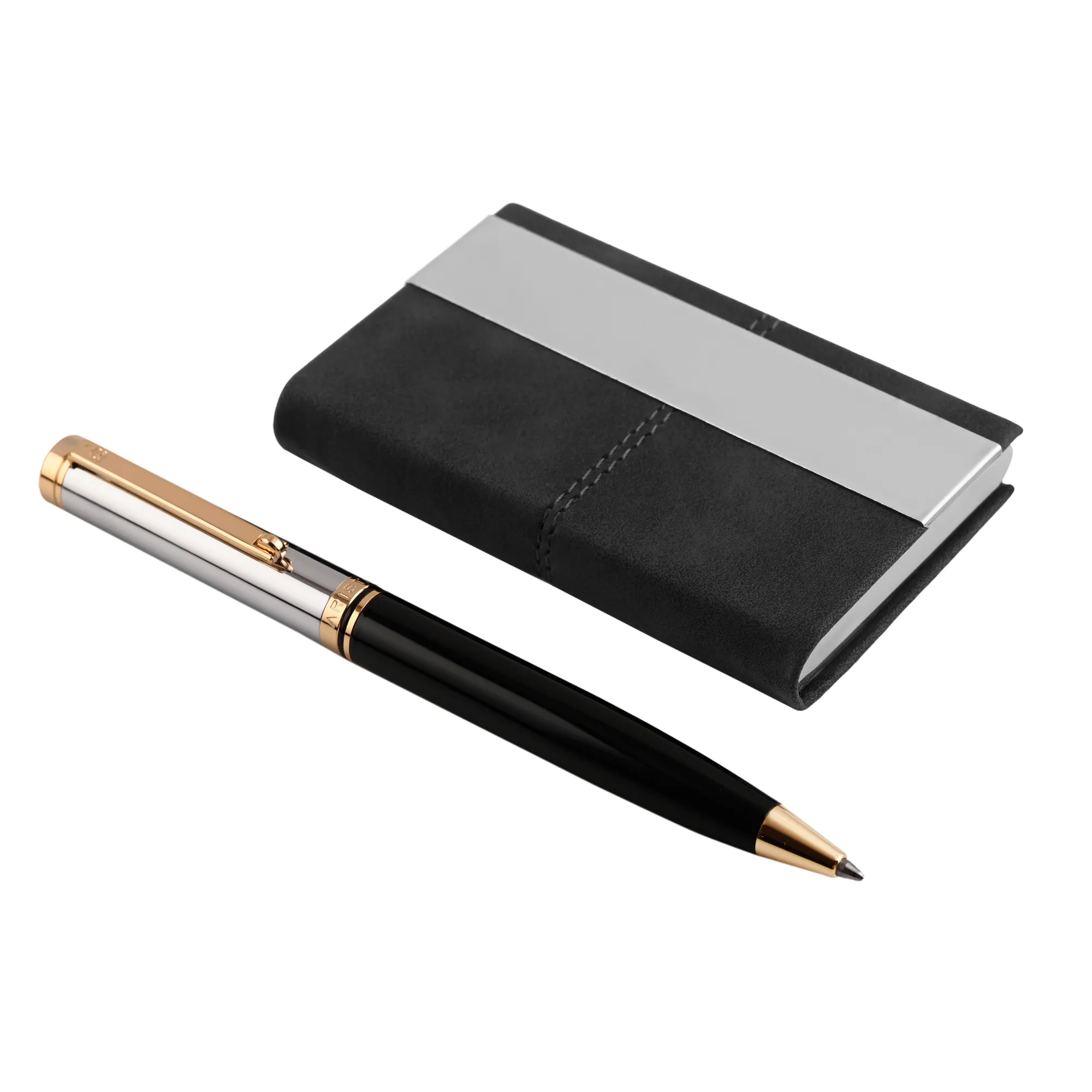 ARISTA Switch Ballpoint Pen | Black Barrel | Chrome Cap | 24 CT Gold Plated Trim With Card Holder