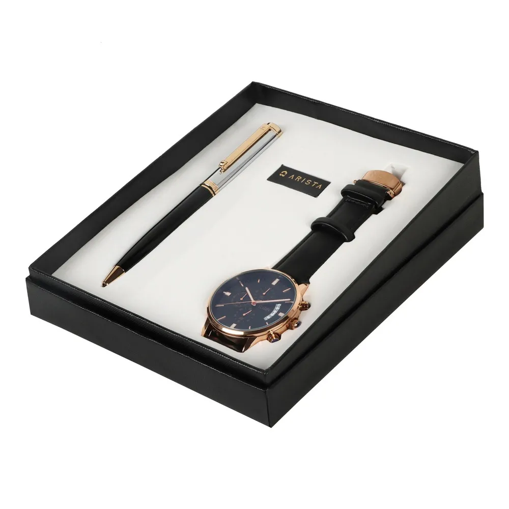 ARISTA Switch Ballpoint Pen | Black Barrel | Chrome Cap | 24 CT Gold Plated Trim | With Elgin Watch