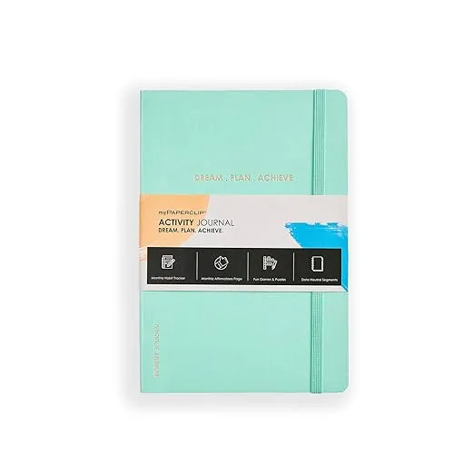 myPAPERCLIP Activity Series Dream-Plan-Achieve Journal Notebook | Featuring Monthly Habit Tracker, Monthly Affirmation Page, Fun Games & Puzzles | Medium, Plan, 144 Pages, Mint, Pack of 1