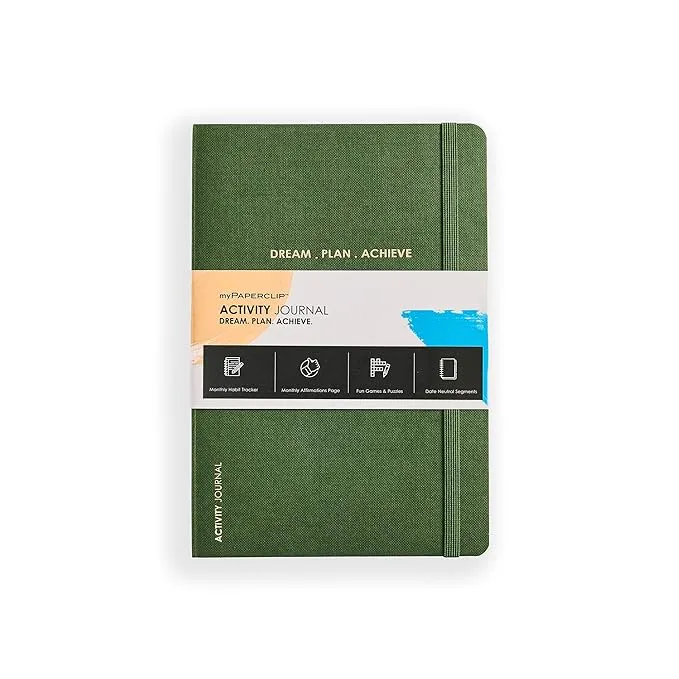 myPAPERCLIP Activity Series Dream-Plan-Achieve Journal Notebook | Featuring Monthly Habit Tracker, Monthly Affirmation Page, Fun Games & Puzzles | Medium, Dotted, 144 Pages, Green, Pack of 1