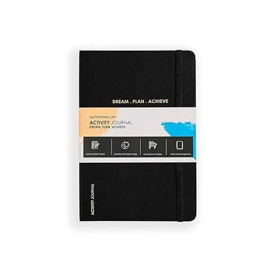 myPAPERCLIP Activity Series Dream-Plan-Achieve Journal Notebook | Featuring Monthly Habit Tracker, Monthly Affirmation Page, Fun Games & Puzzles | Medium, Ruled, 144 Pages, Black, Pack Of 1