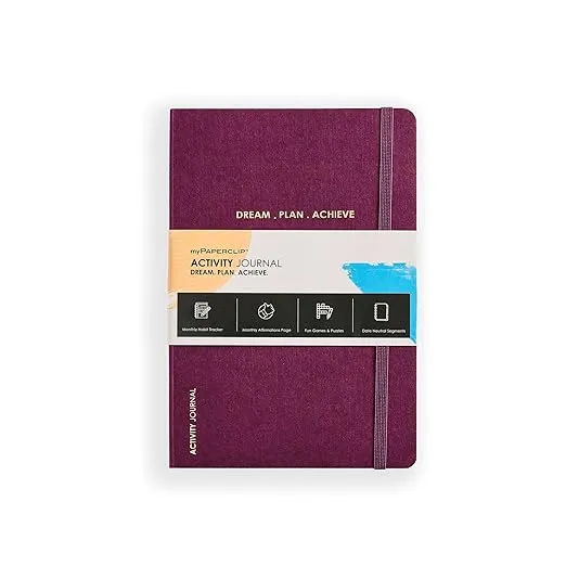 myPAPERCLIP Activity Series Dream-Plan-Achieve Journal Notebook | Featuring Monthly Habit Tracker, Monthly Affirmation Page, Fun Games & Puzzles | Medium, Plan, 144 Pages, Plum, Pack of 1