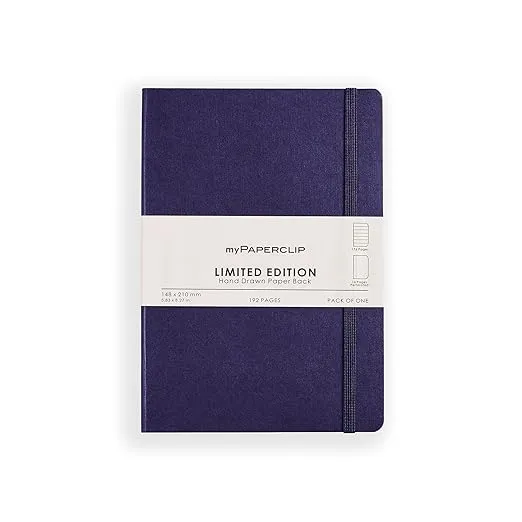 myPAPERCLIP Executive Series A5 Ruled Notebook | Hardcover, 80 GSM, 192 Pages | Bookmark, Elastic Band, Back Pocket | Flat Lay Design | Blue