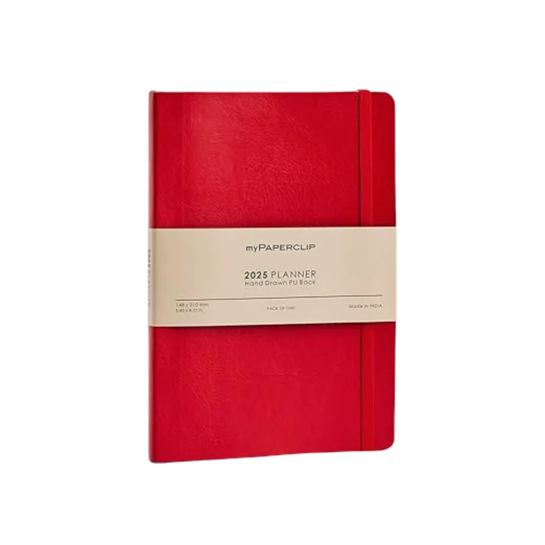 myPAPERCLIP 2025 Weekly Planner, Section Thread Bound, Hand Drawn Vegan Leather Back, A5 (148 x 210 mm, 5.83 x 8.27 in), Red