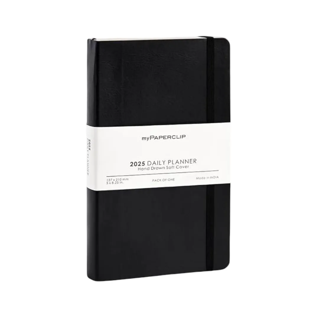 myPAPERCLIP 2025 Daily Planner, Section Thread Bound, Hand Drawn Vegan Leather Back, Medium (127 x 210 mm, 5 x 8.25 in), Black