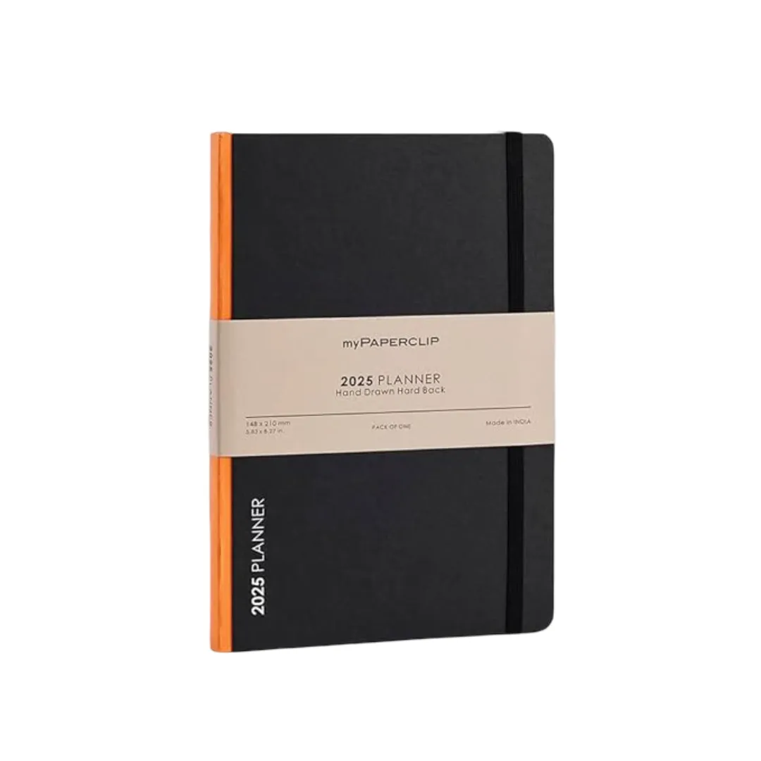 myPAPERCLIP 2025 Weekly Planner D2, Section Thread Bound, Hand Drawn Hard Back, A5 (148 x 210 mm, 5.83 x 8.27 in), Orange Spine, Black