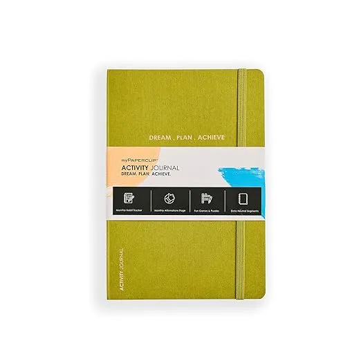 myPAPERCLIP Activity Series Dream-Plan-Achieve Journal Notebook | Featuring Monthly Habit Tracker, Monthly Affirmation Page, Fun Games & Puzzles | Medium, Ruled, 144 Pages, Olive Green, Pack Of 1