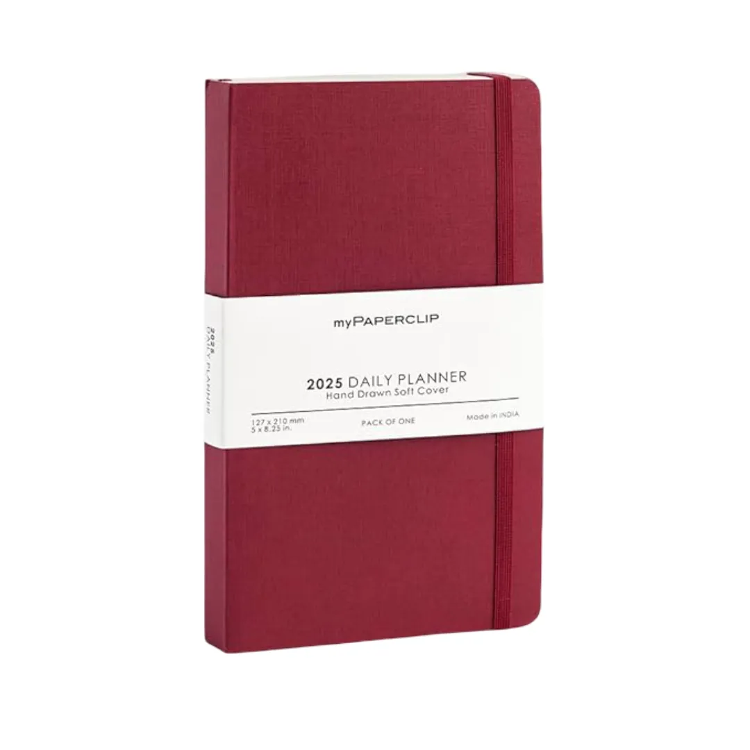 myPAPERCLIP 2025 Daily Planner, Section Thread Bound, Hand Drawn Paper Back, Medium (127 x 210 mm, 5 x 8.25 in), Claret