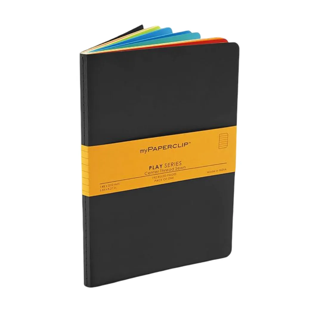 myPAPERCLIP Play Series Notebook | Center Thread Sewn | Back Squared & Rounded Corners | Notebook For Gifting | Office & Stationery Notebook | A5, Ruled, 192 Pages, 285 Gsm, Black, Pack Of 1