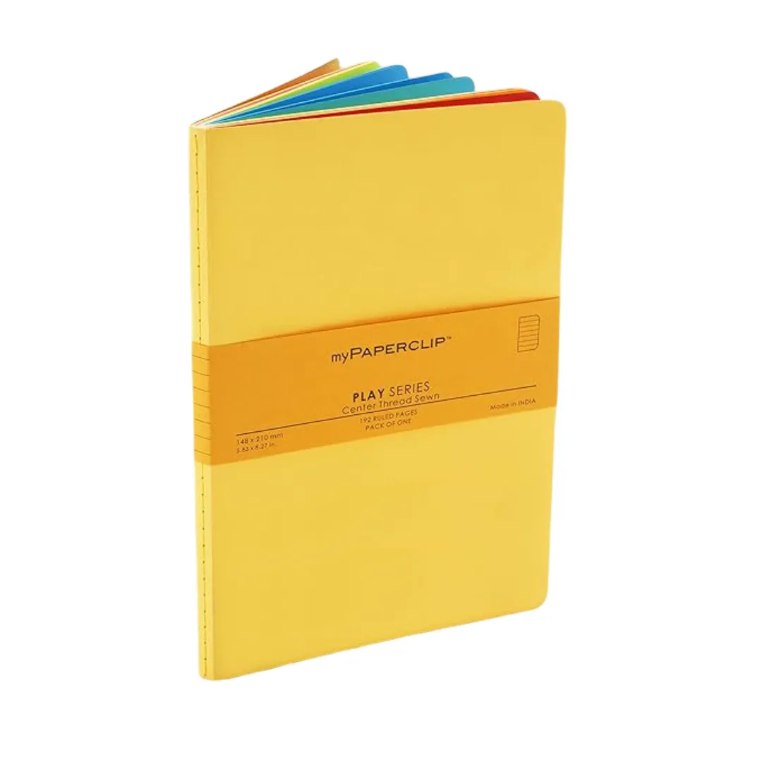 myPAPERCLIP Play Series Notebook | Center Thread Sewn | Back Squared & Rounded Corners | Notebook For Gifting | Office & Stationery Notebook | A5, Plain, 192 Pages, 285 Gsm, Yellow, Pack Of 1