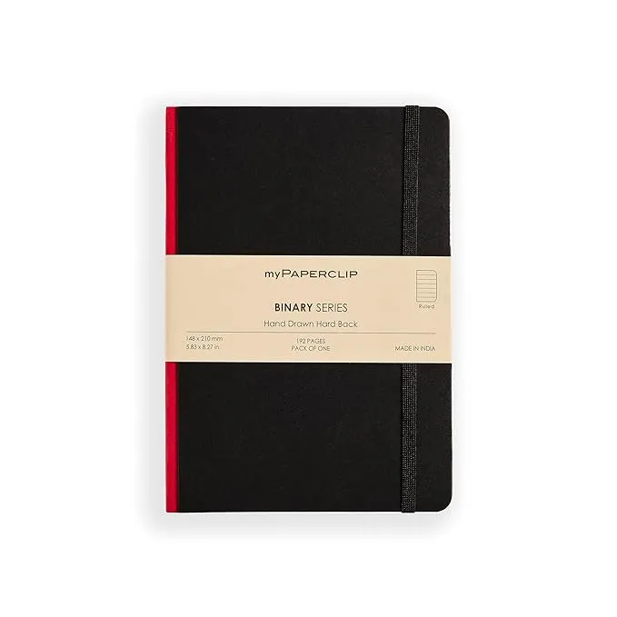 myPAPERCLIP Binary Series Notebook, Section Thread Bound, Hand Drawn Hard Cover, A5 (148 x 210 mm, 5.83 x 8.27 in.) Ruled, BSH192A5-R Black Hard Cover, Red Spine