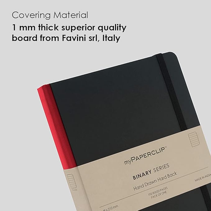 myPAPERCLIP Binary Series Notebook, Section Thread Bound, Hand Drawn Hard Cover, A5 (148 x 210 mm, 5.83 x 8.27 in.) Ruled, BSH192A5-R Black Hard Cover, Red Spine