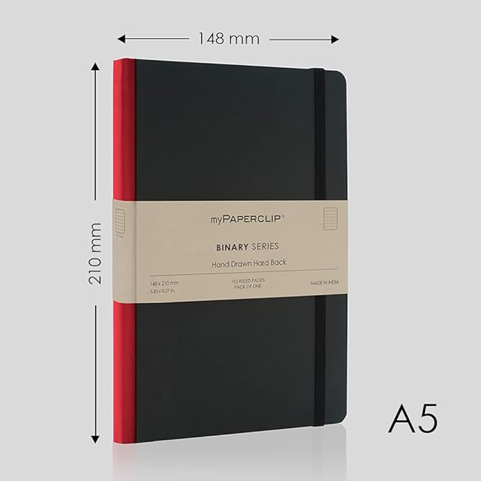 myPAPERCLIP Binary Series Notebook, Section Thread Bound, Hand Drawn Hard Cover, A5 (148 x 210 mm, 5.83 x 8.27 in.) Ruled, BSH192A5-R Black Hard Cover, Red Spine