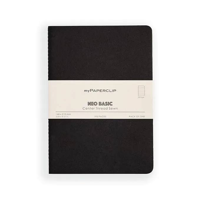 myPAPERCLIP NeoBasic A5 Ruled Notebook | 80 GSM, 192 Pages | 250 GSM Soft Card Cover | A5 (5.83" x 8.27") | Writing, Journaling, School & Office Use | Black