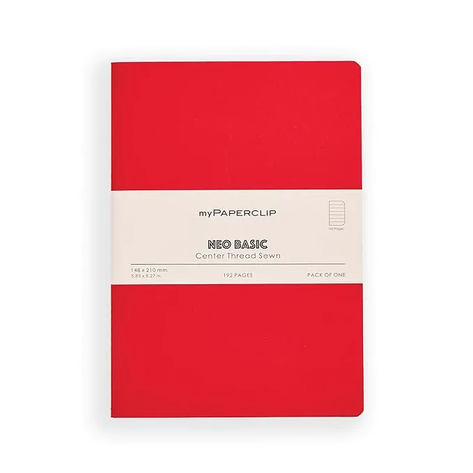myPAPERCLIP NeoBasic A5 Ruled Notebook | 80 GSM, 192 Pages | 250 GSM Soft Card Cover | A5 (5.83" x 8.27") | Writing, Journaling, School & Office Use | Red
