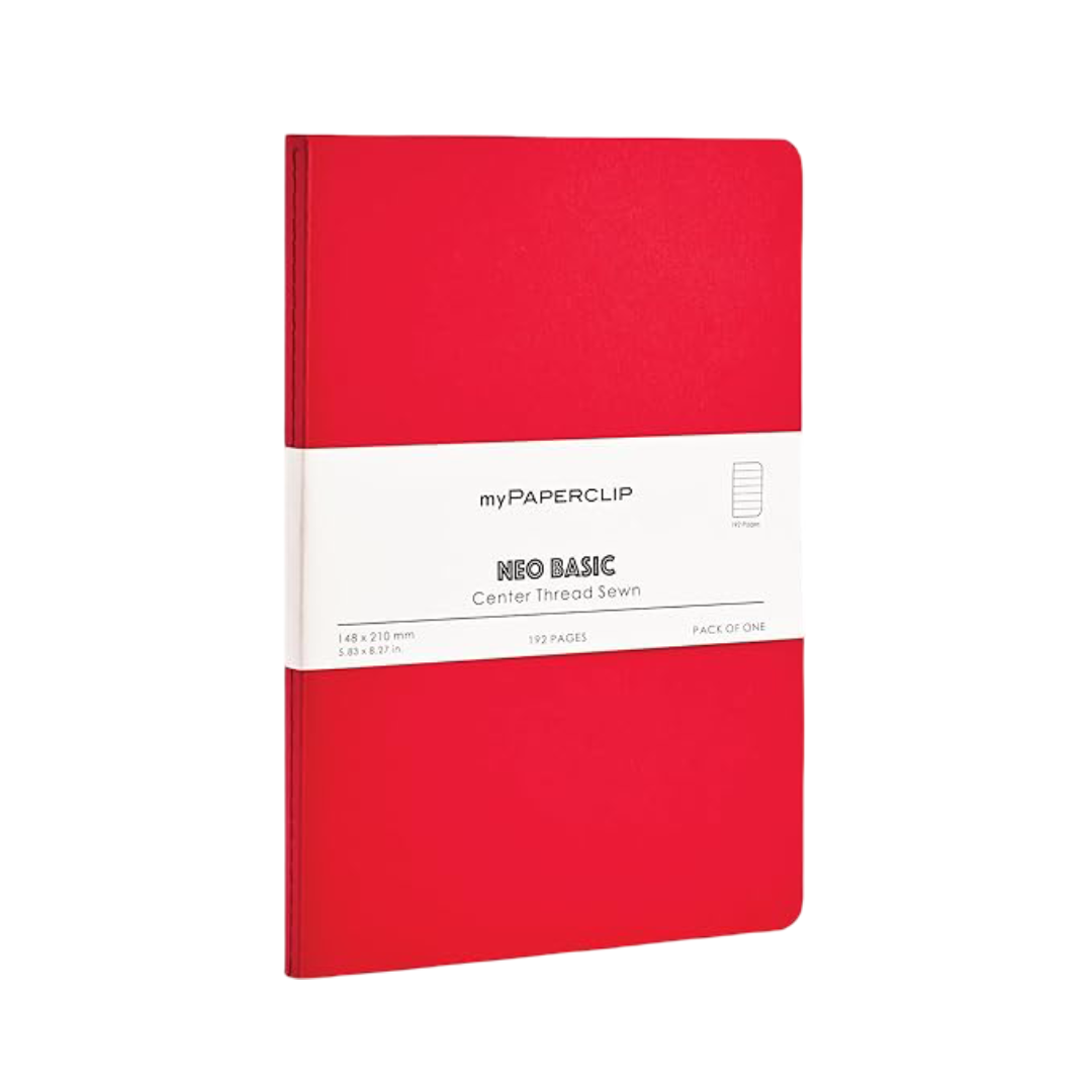myPAPERCLIP NeoBasic A5 Ruled Notebook | 80 GSM, 192 Pages | 250 GSM Soft Card Cover | A5 (5.83" x 8.27") | Writing, Journaling, School & Office Use | Red