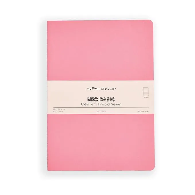 myPAPERCLIP NeoBasic Unruled B5 Notebook | 80 GSM, 160 Pages | 250 GSM Soft Card Cover | B5 (6.93" x 9.84") | Centre Thread Sewn Binding | Writing, Journaling, School & Office Use | Pink