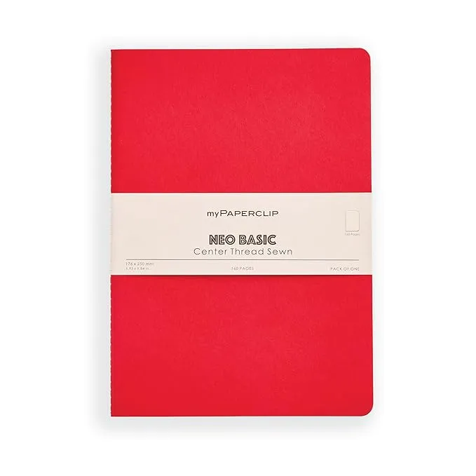 myPAPERCLIP NeoBasic Unruled B5 Notebook | 80 GSM, 160 Pages | 250 GSM Soft Card Cover | B5 (6.93" x 9.84") | Centre Thread Sewn Binding | Writing, Journaling, School & Office Use | Red