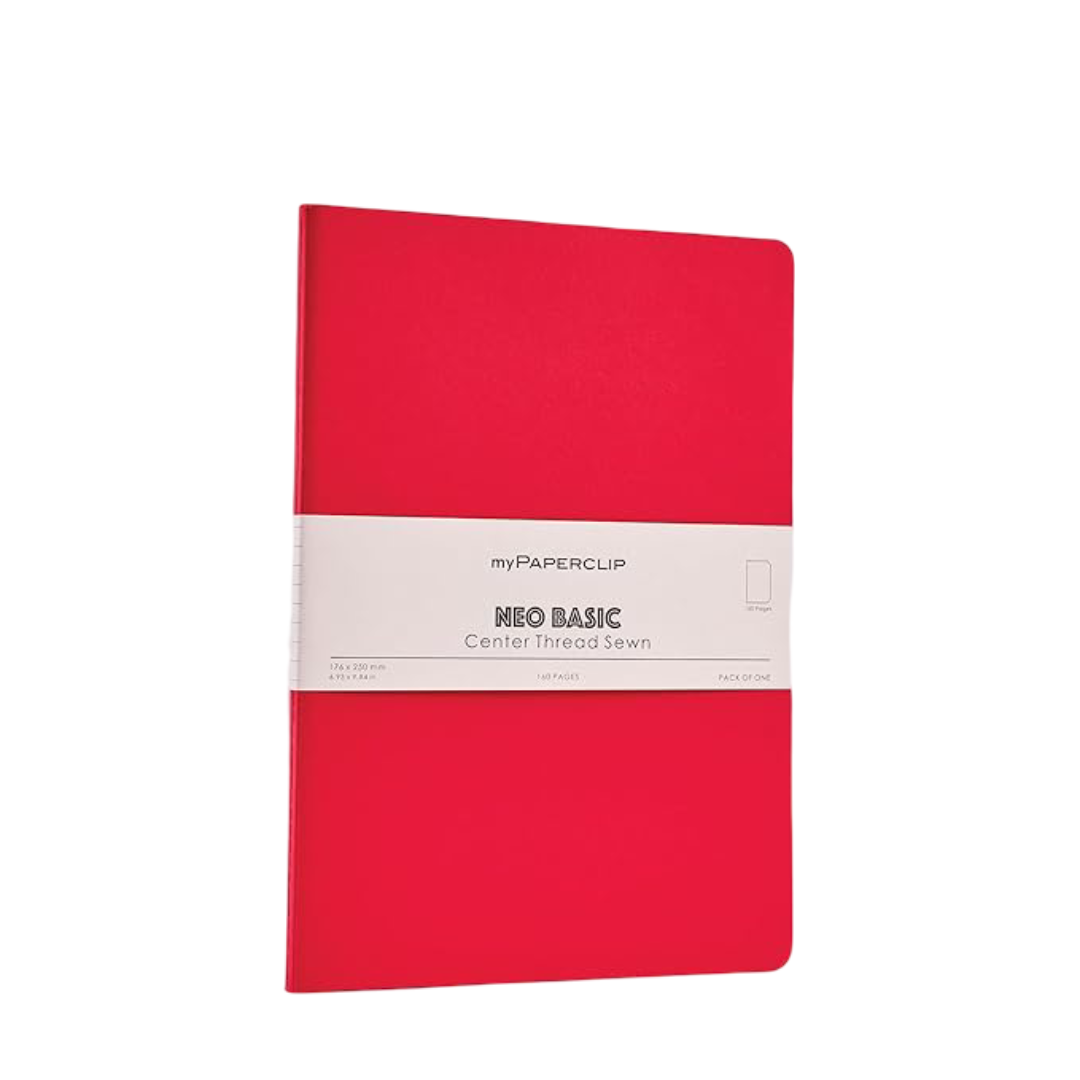 myPAPERCLIP NeoBasic Unruled B5 Notebook | 80 GSM, 160 Pages | 250 GSM Soft Card Cover | B5 (6.93" x 9.84") | Centre Thread Sewn Binding | Writing, Journaling, School & Office Use | Red