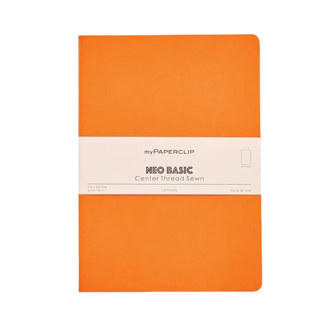 myPAPERCLIP NeoBasic Unruled B5 Notebook | 80 GSM, 160 Pages | 250 GSM Soft Card Cover | B5 (6.93" x 9.84") | Centre Thread Sewn Binding | Writing, Journaling, School & Office Use | Orange