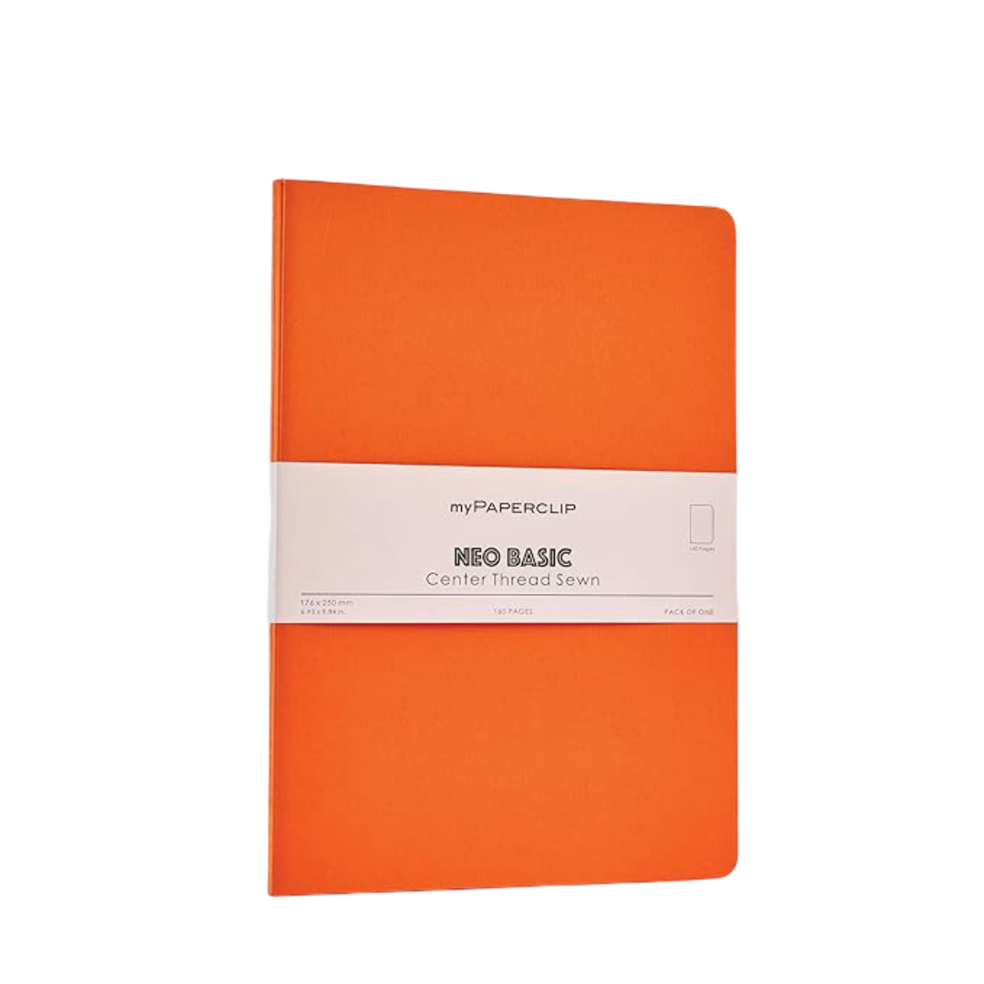 myPAPERCLIP NeoBasic Unruled B5 Notebook | 80 GSM, 160 Pages | 250 GSM Soft Card Cover | B5 (6.93" x 9.84") | Centre Thread Sewn Binding | Writing, Journaling, School & Office Use | Orange