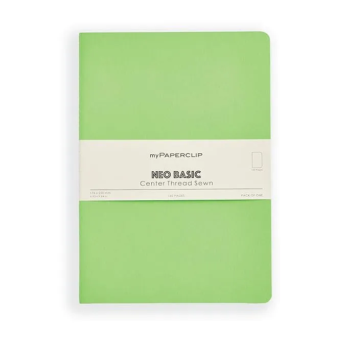 myPAPERCLIP NeoBasic Unruled B5 Notebook | 80 GSM, 160 Pages | 250 GSM Soft Card Cover | B5 (6.93" x 9.84") | Centre Thread Sewn Binding | Writing, Journaling, School & Office Use | Green