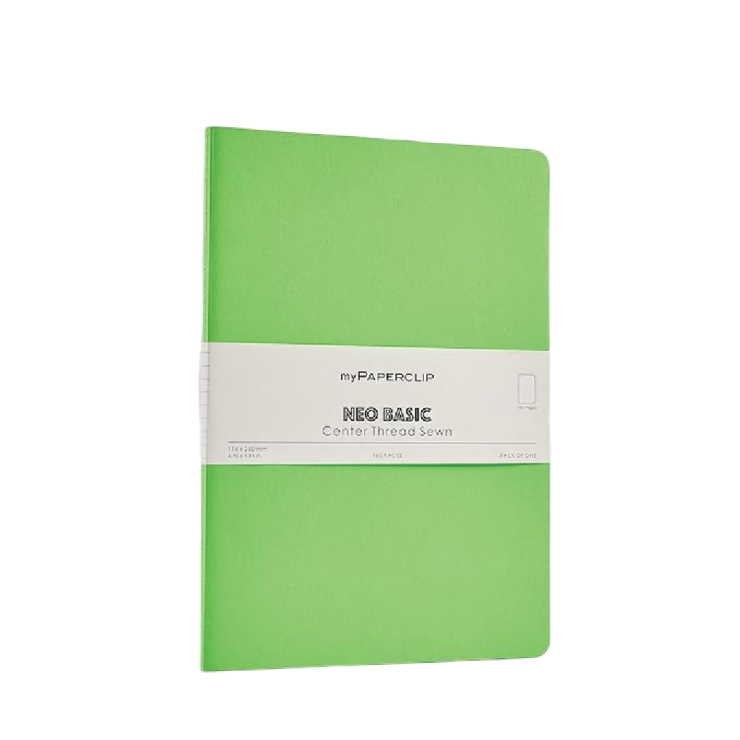 myPAPERCLIP NeoBasic Unruled B5 Notebook | 80 GSM, 160 Pages | 250 GSM Soft Card Cover | B5 (6.93" x 9.84") | Centre Thread Sewn Binding | Writing, Journaling, School & Office Use | Green
