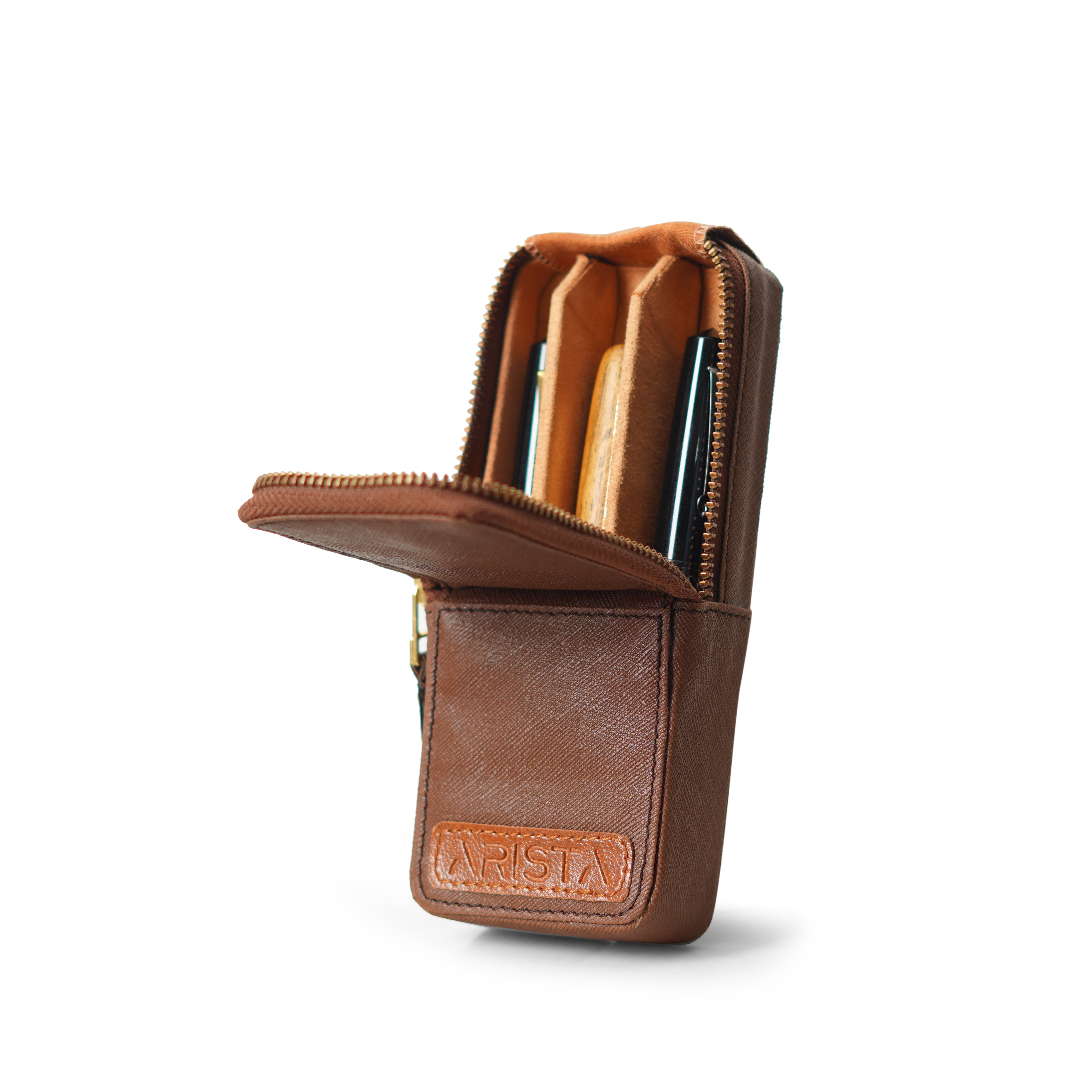 ARISTA PEN LEATHERETTE PEN CASE FOR 3 PENS BROWN